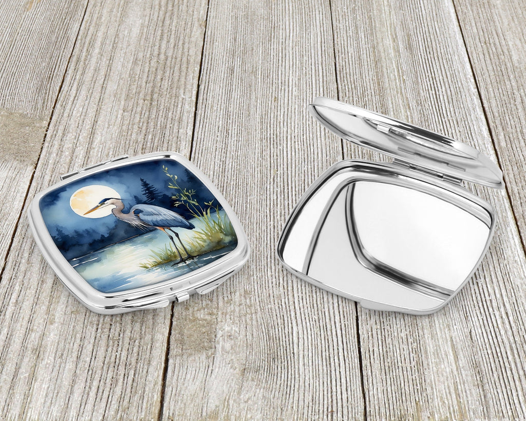Great Blue Heron Night Lake Scene Watercolor Compact Mirror Decorative Travel Makeup Mirror for Women Girls Gifts Pocket Makeup Mirror Folding Handheld