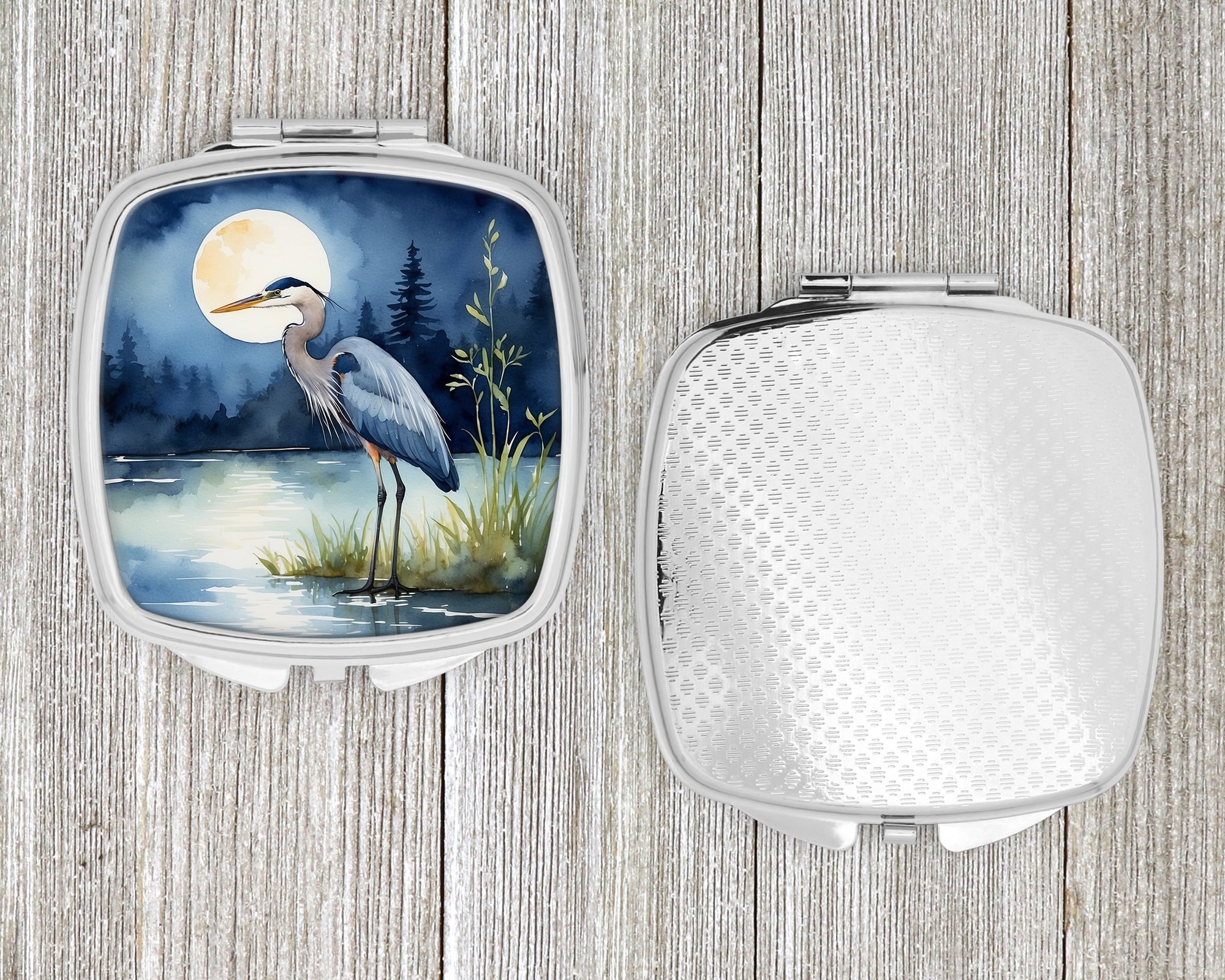 Great Blue Heron Night Lake Scene Watercolor Compact Mirror Decorative Travel Makeup Mirror for Women Girls Gifts Pocket Makeup Mirror Folding Handheld