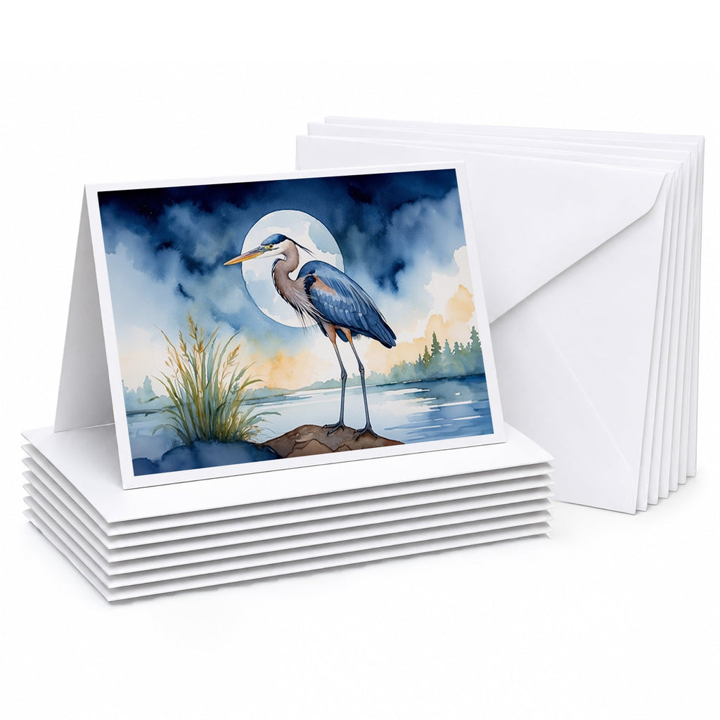 Great Blue Heron Full Moon Watercolor Greeting Cards Pack of 8 Blank Cards with Envelopes Whimsical A7 Size 5x7