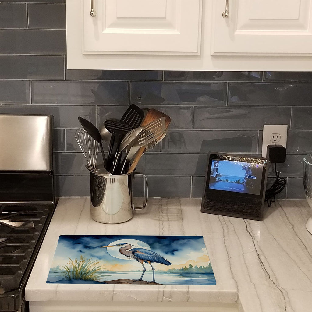Great Blue Heron Full Moon Watercolor Cutting Board Tempered Glass Kitchen Cutting Surface, Heat Resistant Chopping, Non-Slip Feet, Food Prep & Serving