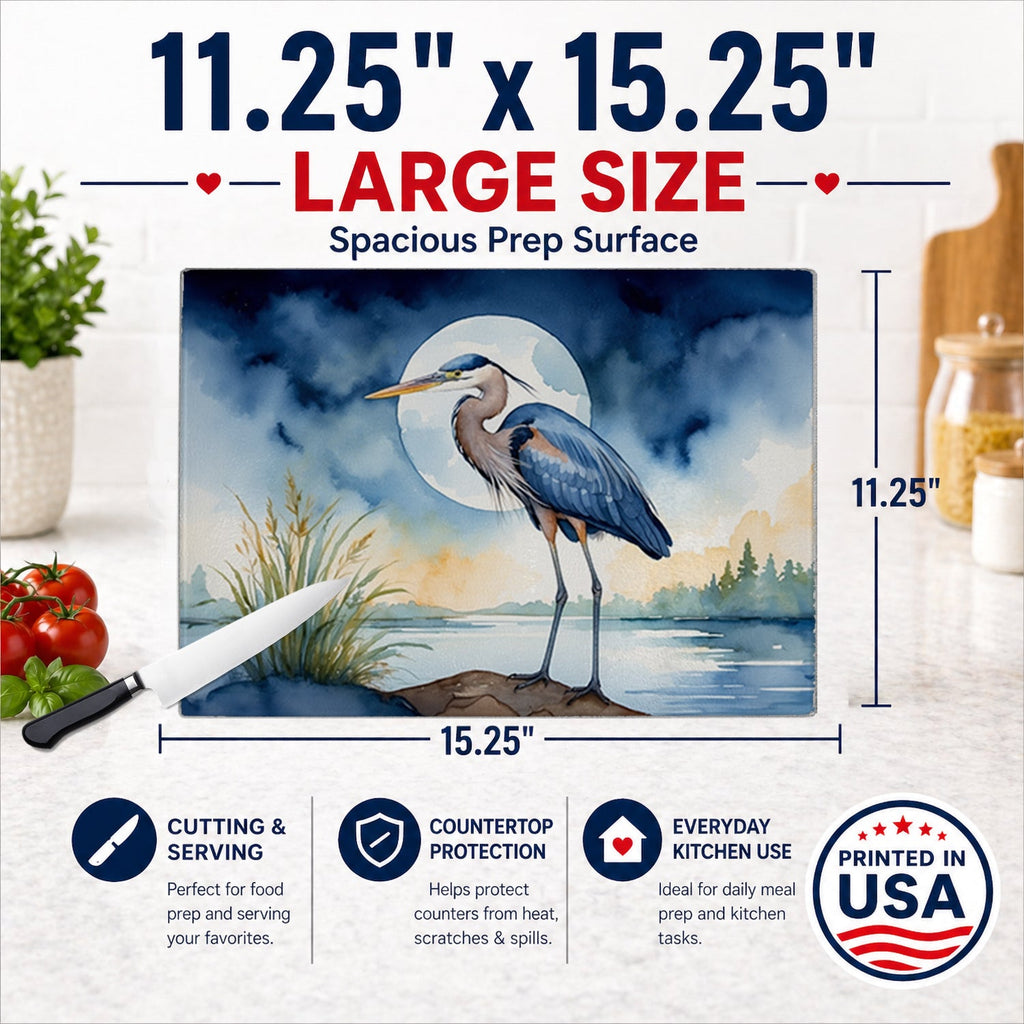 Great Blue Heron Full Moon Watercolor Cutting Board Tempered Glass Kitchen Cutting Surface, Heat Resistant Chopping, Non-Slip Feet, Food Prep & Serving