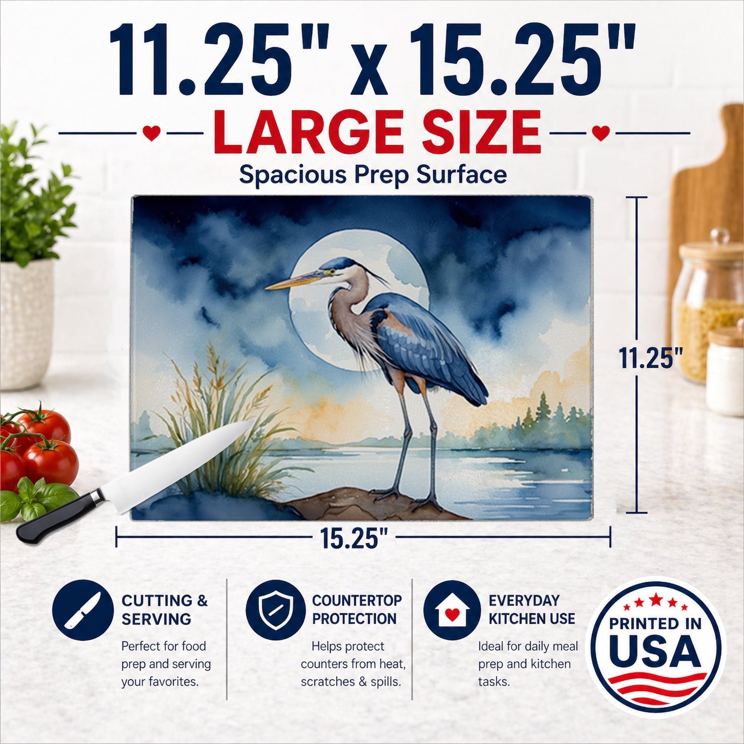 Great Blue Heron Full Moon Watercolor Cutting Board Tempered Glass Kitchen Cutting Surface, Heat Resistant Chopping, Non-Slip Feet, Food Prep & Serving