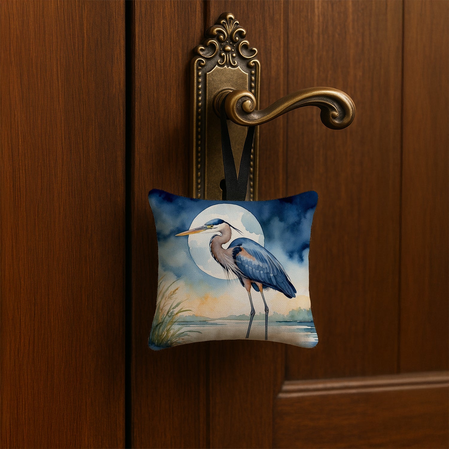 Great Blue Heron Full Moon Watercolor Hanging Square Fabric Ornament 3.5 × 3.5 Decorative Door-Knob & Tree Hanger, Soft Fabric