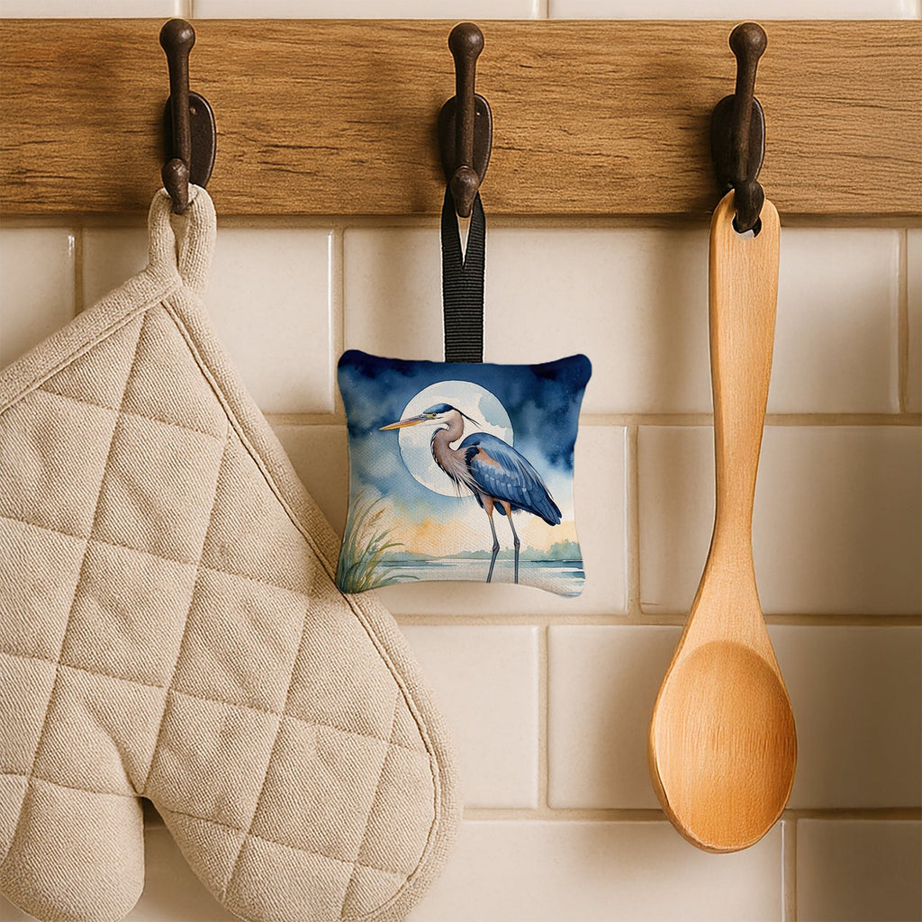 Great Blue Heron Full Moon Watercolor Hanging Square Fabric Ornament 3.5 × 3.5 Decorative Door-Knob & Tree Hanger, Soft Fabric