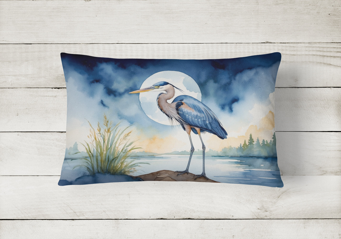 Great Blue Heron Full Moon Watercolor Decorative Throw Pillow 12x16 Indoor Outdoor Accent Cushion, Fabric Cover with Insert for Sofa, Bed, Porch & Living Room