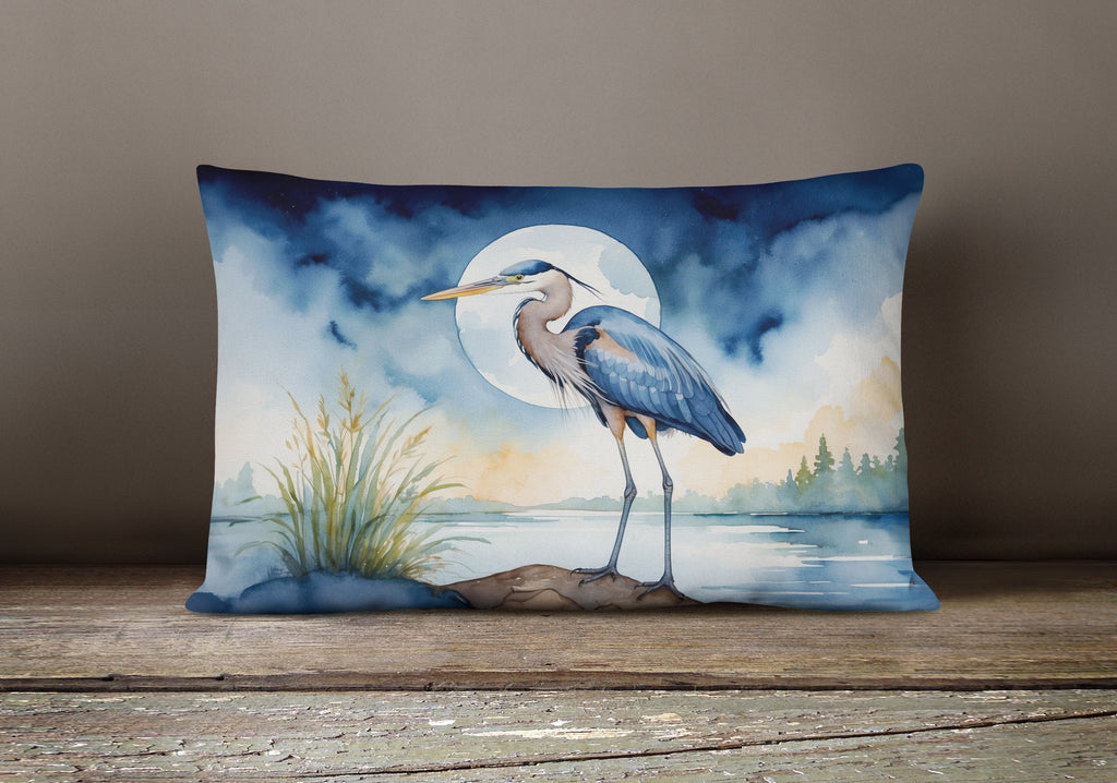 Great Blue Heron Full Moon Watercolor Decorative Throw Pillow 12x16 Indoor Outdoor Accent Cushion, Fabric Cover with Insert for Sofa, Bed, Porch & Living Room