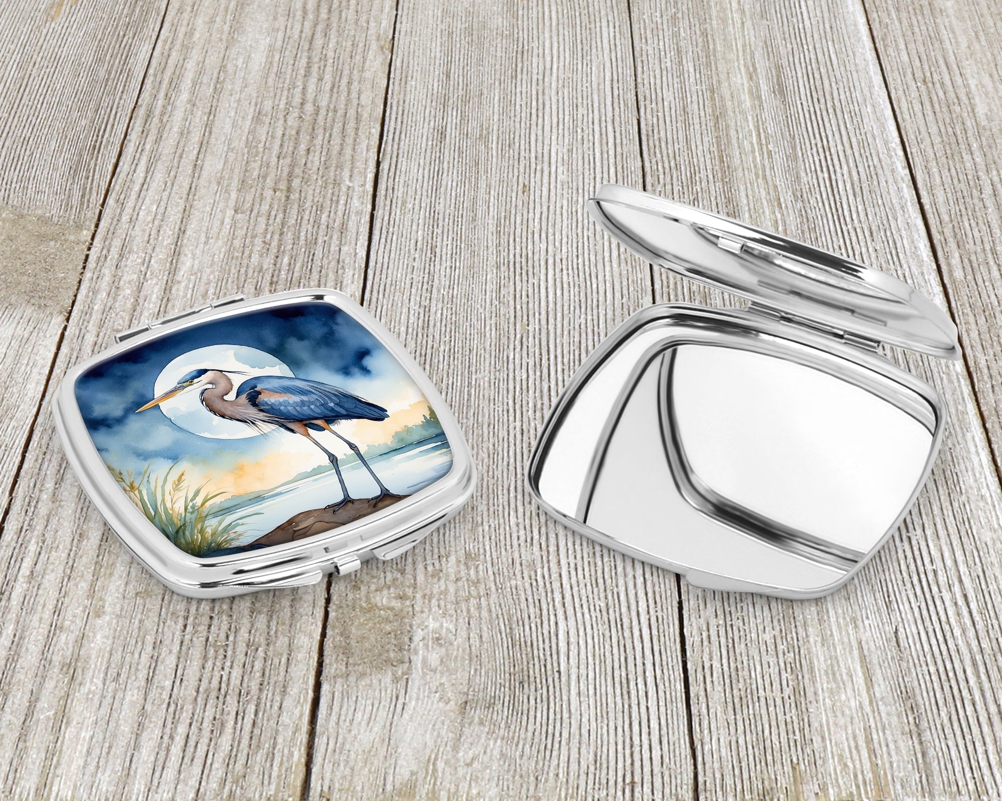 Great Blue Heron Full Moon Watercolor Compact Mirror Decorative Travel Makeup Mirror for Women Girls Gifts Pocket Makeup Mirror Folding Handheld