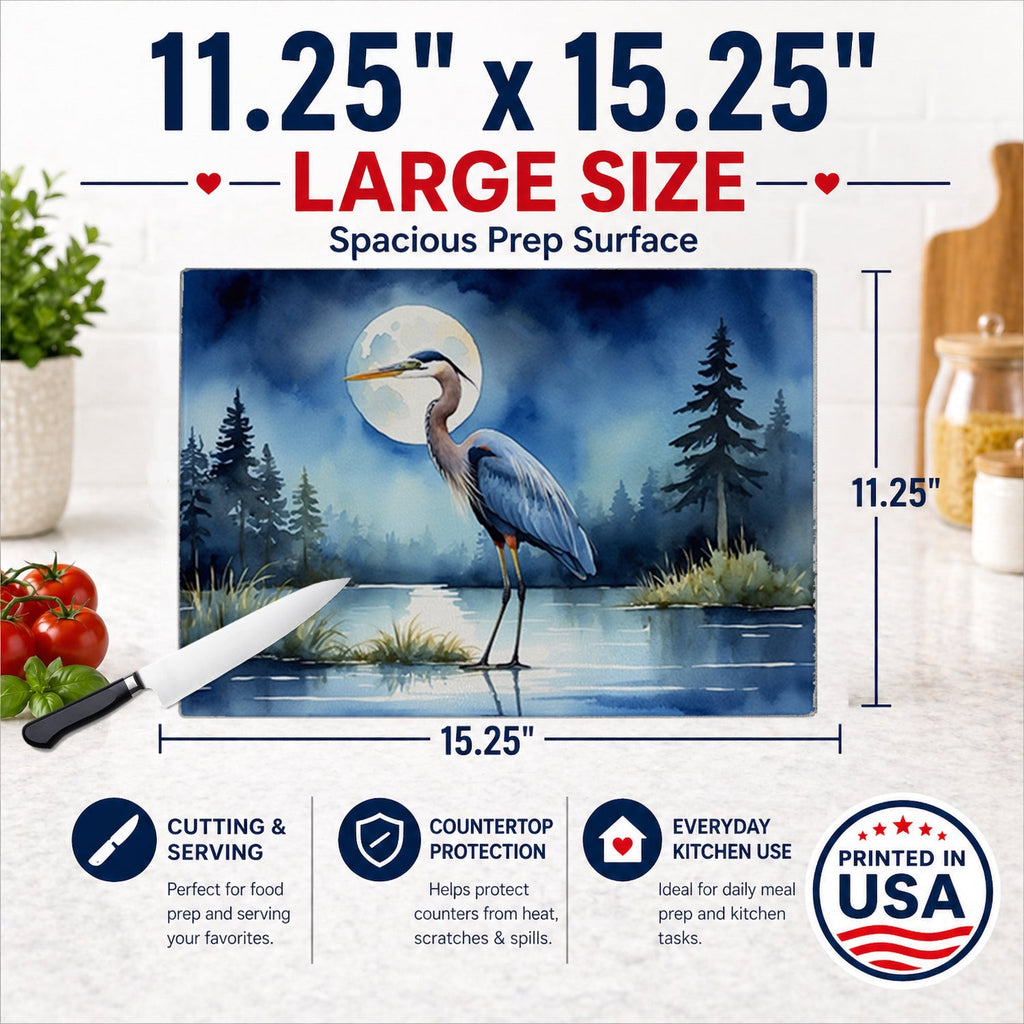 Great Blue Heron Lake Reflection Watercolor Cutting Board Tempered Glass Kitchen Cutting Surface, Heat Resistant Chopping, Non-Slip Feet, Food Prep & Serving