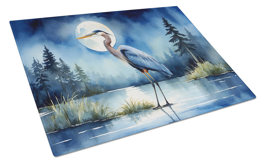 Great Blue Heron Lake Reflection Watercolor Cutting Board Tempered Glass Kitchen Cutting Surface, Heat Resistant Chopping, Non-Slip Feet, Food Prep & Serving