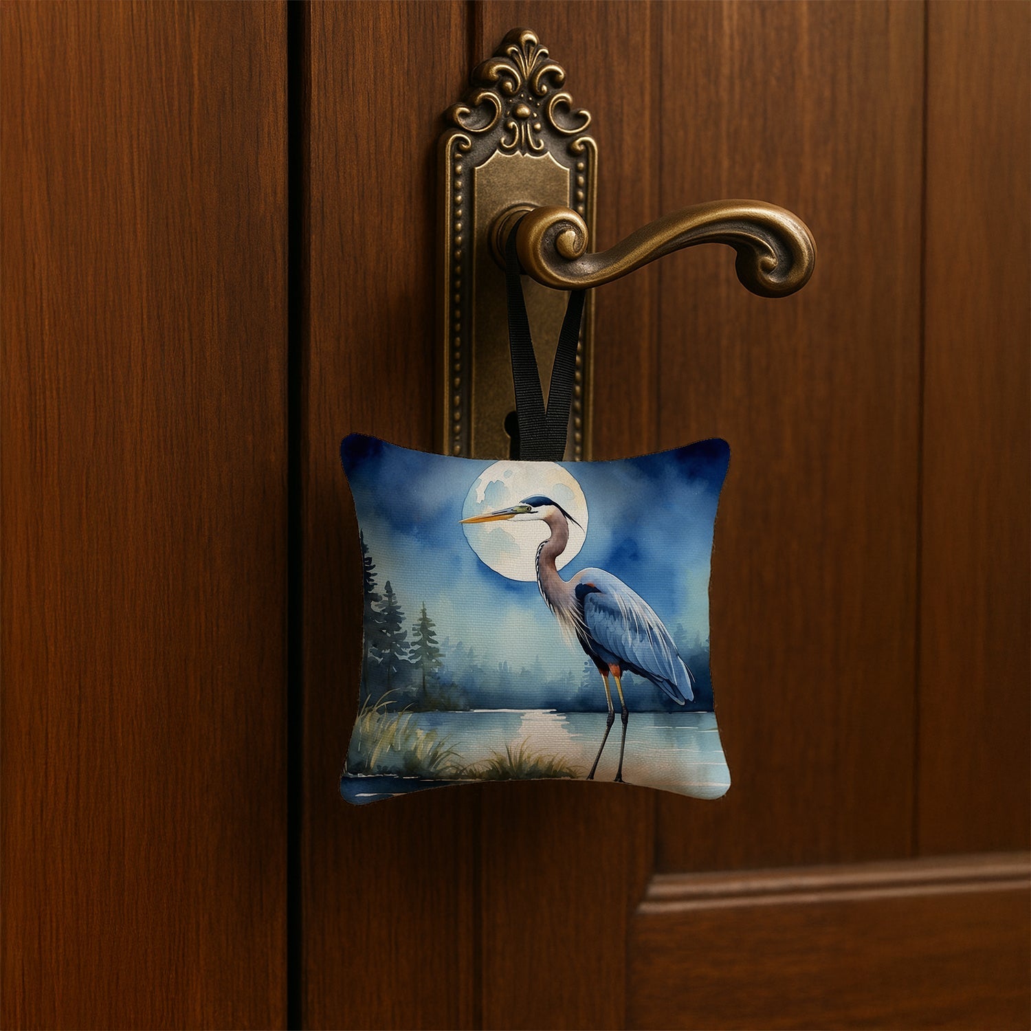 Great Blue Heron Lake Reflection Watercolor Hanging Square Fabric Ornament 3.5 × 3.5 Decorative Door-Knob & Tree Hanger, Soft Fabric