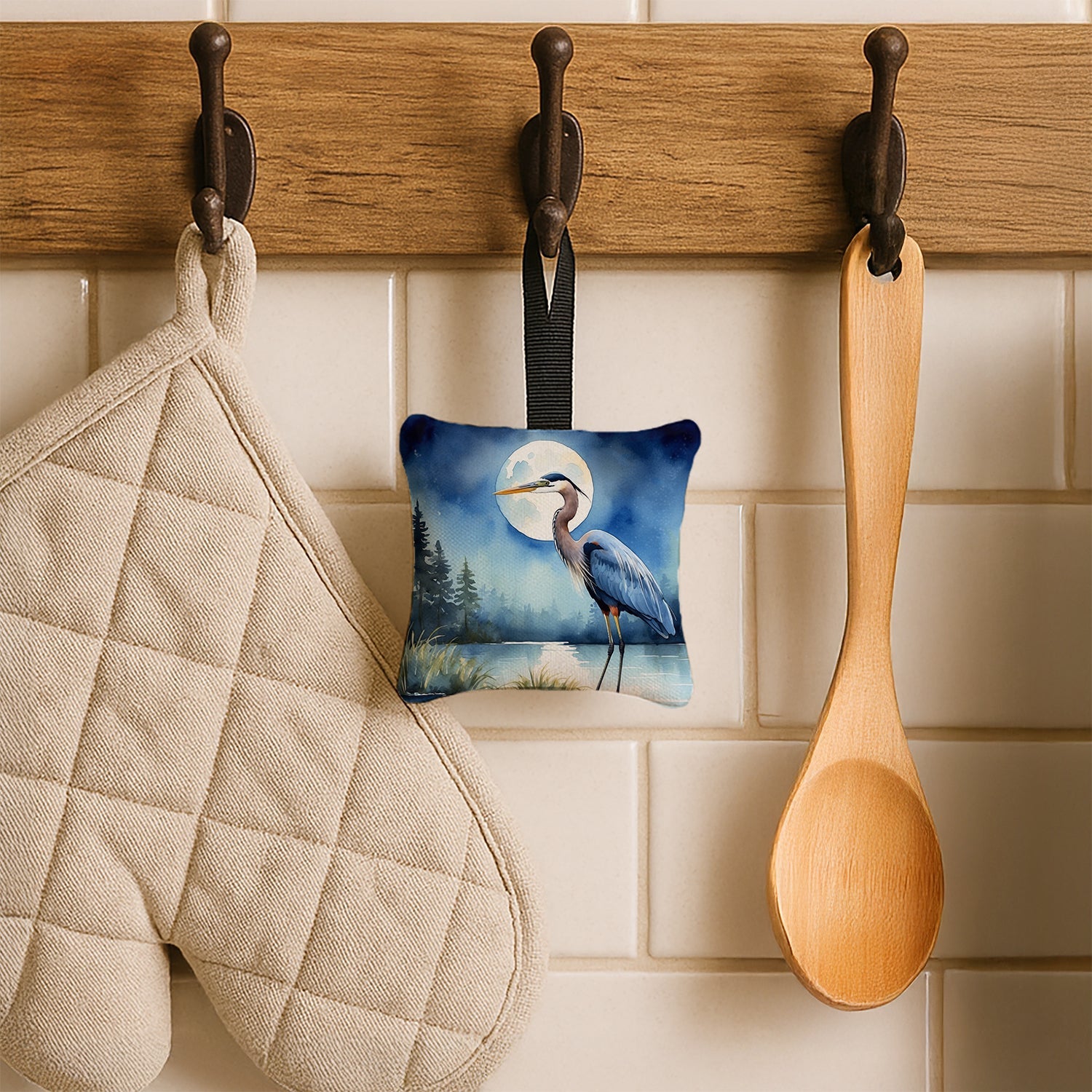 Great Blue Heron Lake Reflection Watercolor Hanging Square Fabric Ornament 3.5 × 3.5 Decorative Door-Knob & Tree Hanger, Soft Fabric