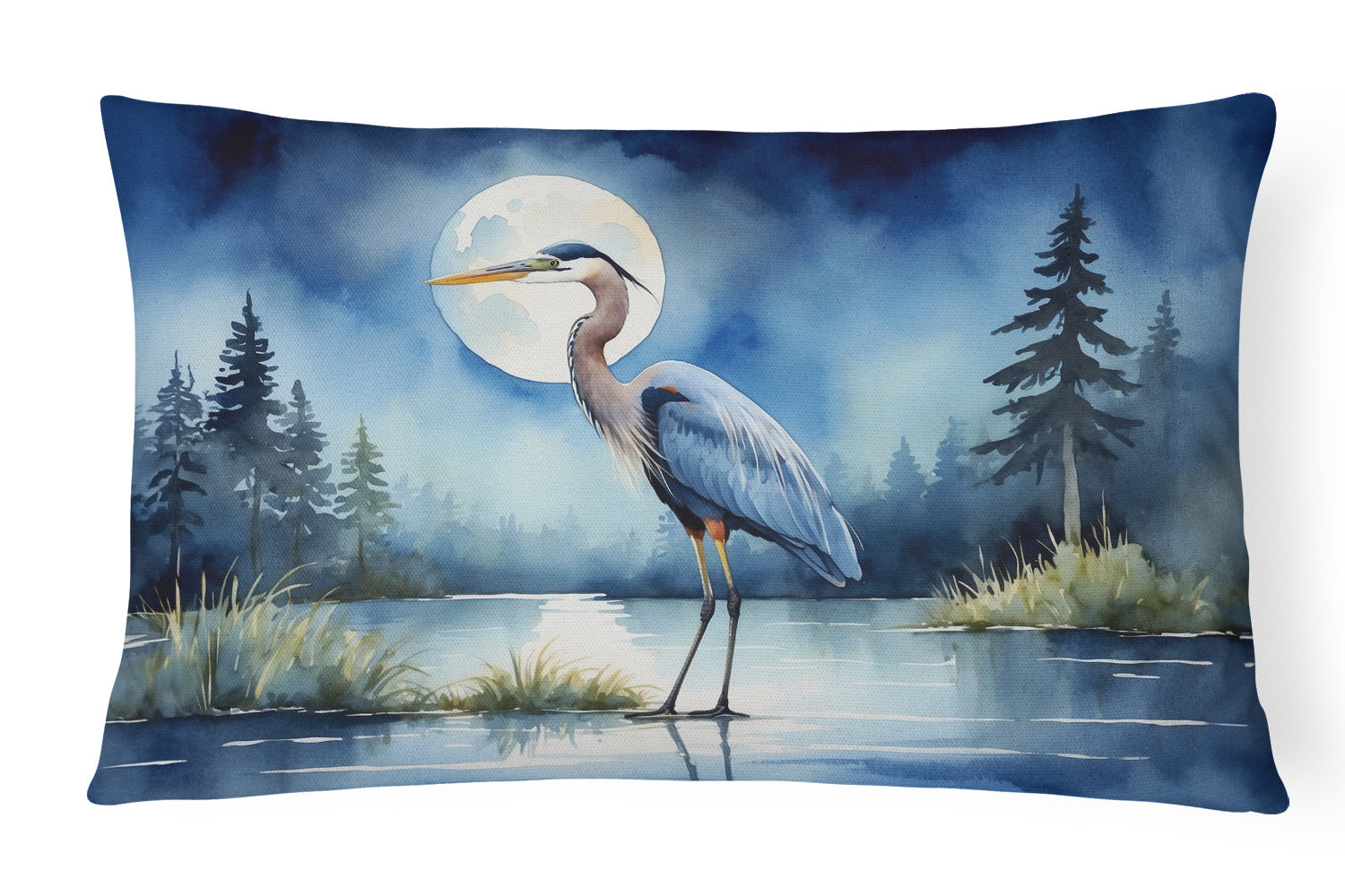 Great Blue Heron Lake Reflection Watercolor Decorative Throw Pillow 12x16 Indoor Outdoor Accent Cushion, Fabric Cover with Insert for Sofa, Bed, Porch & Living Room