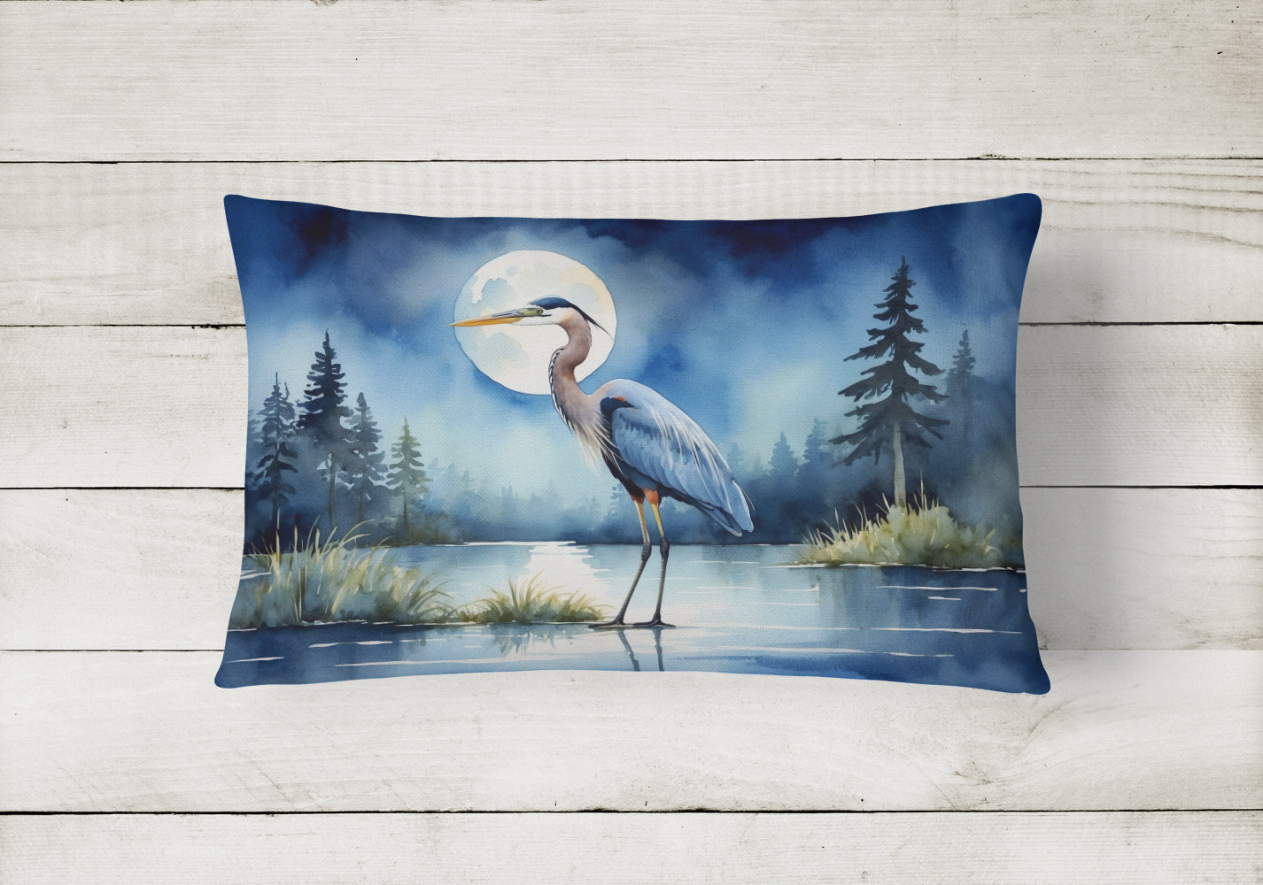 Great Blue Heron Lake Reflection Watercolor Decorative Throw Pillow 12x16 Indoor Outdoor Accent Cushion, Fabric Cover with Insert for Sofa, Bed, Porch & Living Room