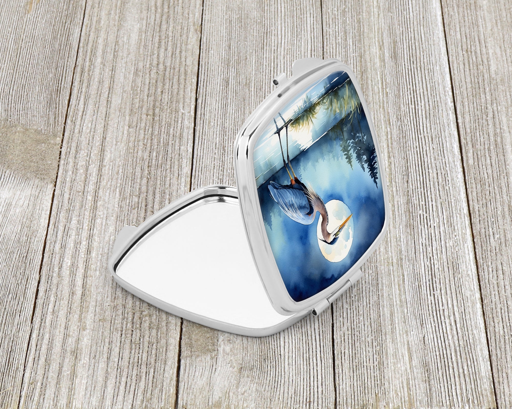 Great Blue Heron Lake Reflection Watercolor Compact Mirror Decorative Travel Makeup Mirror for Women Girls Gifts Pocket Makeup Mirror Folding Handheld