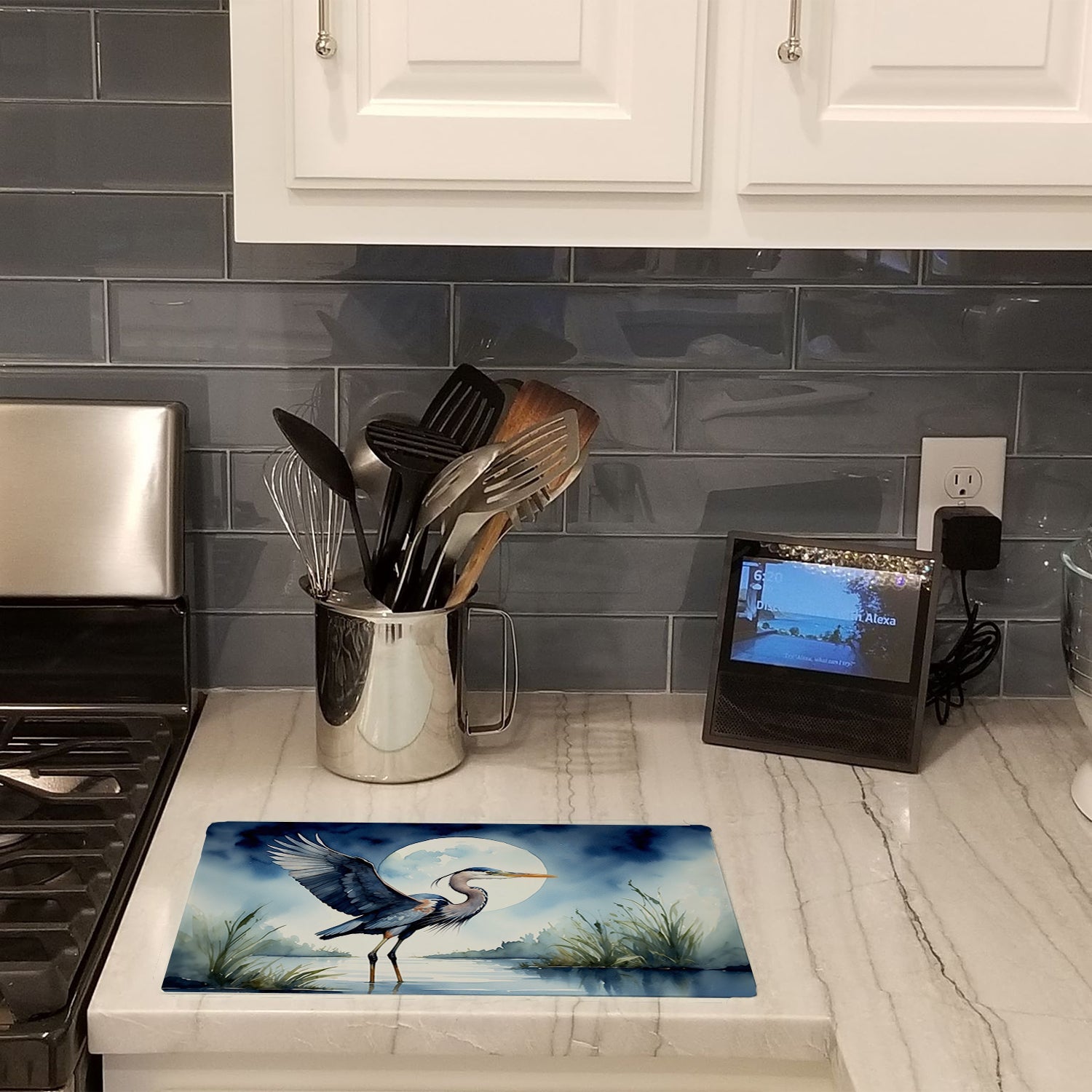 Great Blue Heron Sunrise Lake Watercolor Cutting Board Tempered Glass Kitchen Cutting Surface, Heat Resistant Chopping, Non-Slip Feet, Food Prep & Serving