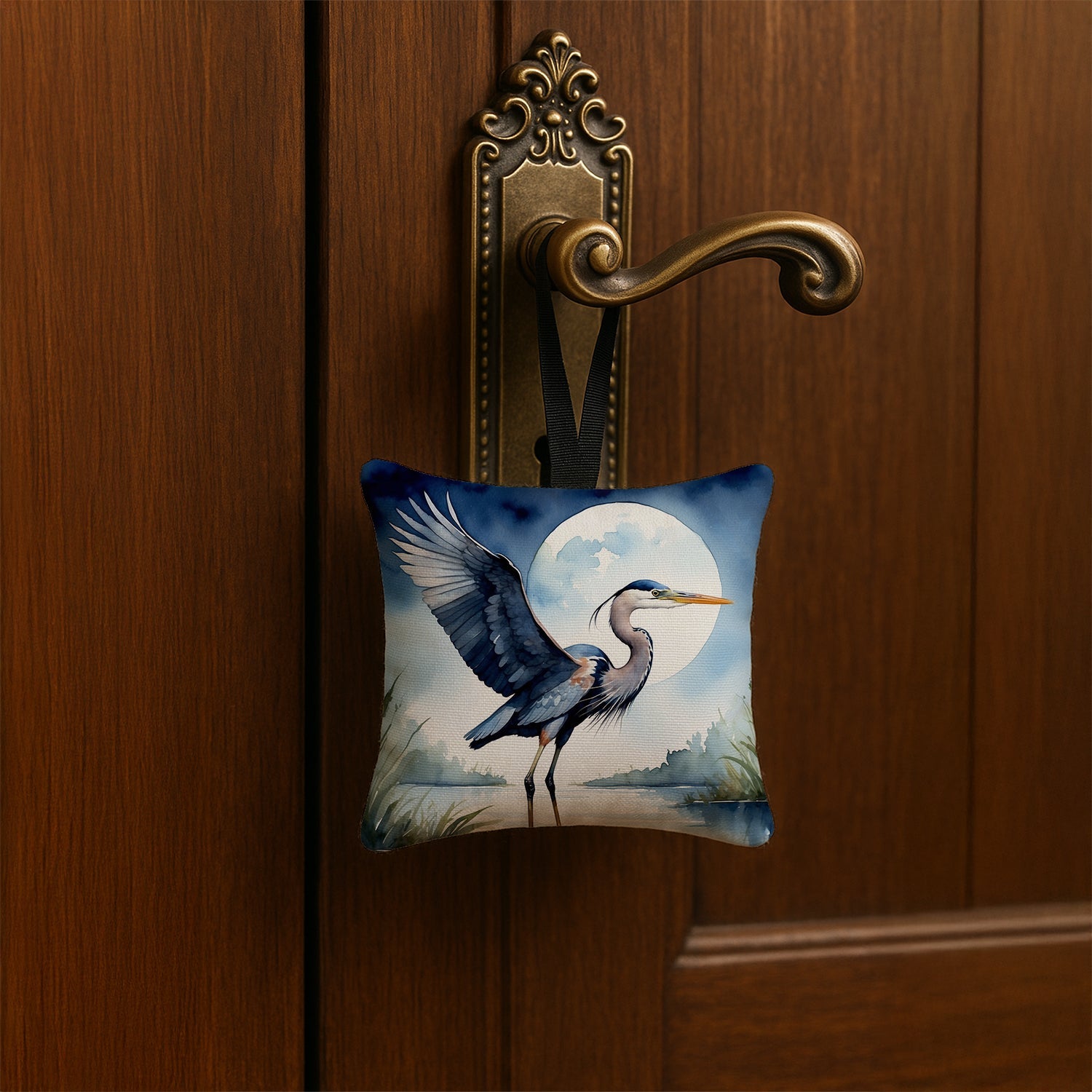 Great Blue Heron Sunrise Lake Watercolor Hanging Square Fabric Ornament 3.5 × 3.5 Decorative Door-Knob & Tree Hanger, Soft Fabric