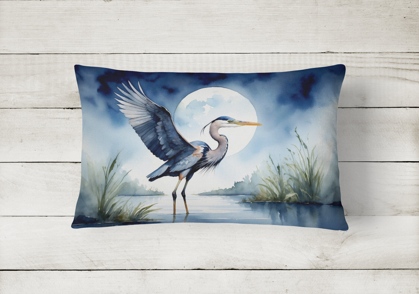 Great Blue Heron Sunrise Lake Watercolor Decorative Throw Pillow 12x16 Indoor Outdoor Accent Cushion, Fabric Cover with Insert for Sofa, Bed, Porch & Living Room