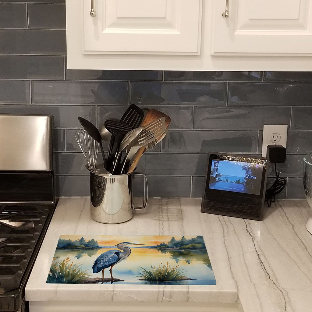 Great Blue Heron Wings Spread Moonlight Watercolor Cutting Board Tempered Glass Kitchen Cutting Surface, Heat Resistant Chopping, Non-Slip Feet, Food Prep & Serving