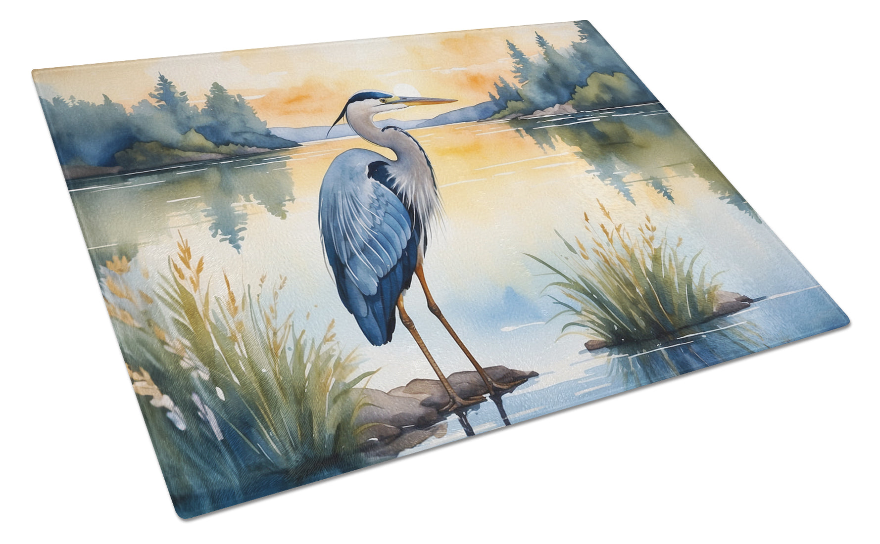 Great Blue Heron Wings Spread Moonlight Watercolor Cutting Board Tempered Glass Kitchen Cutting Surface, Heat Resistant Chopping, Non-Slip Feet, Food Prep & Serving
