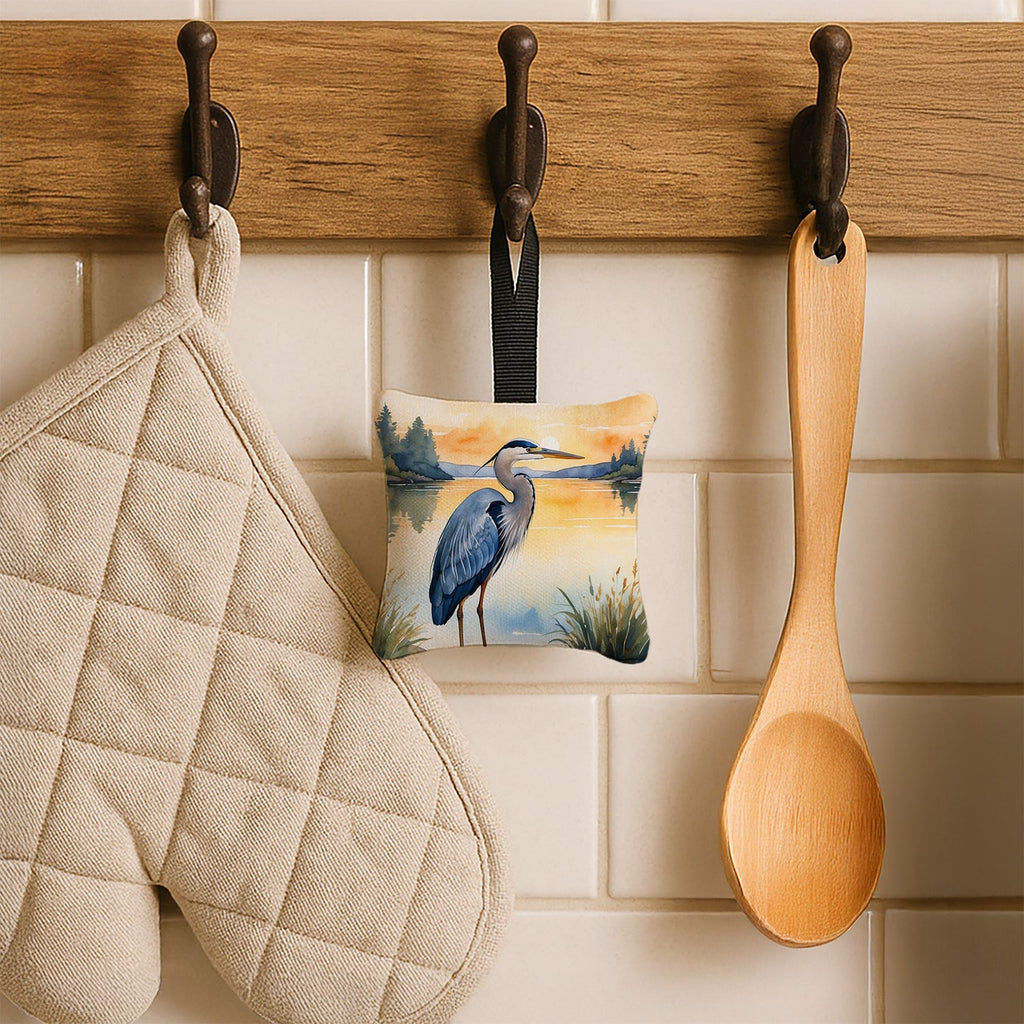 Great Blue Heron Wings Spread Moonlight Watercolor Hanging Square Fabric Ornament 3.5 × 3.5 Decorative Door-Knob & Tree Hanger, Soft Fabric