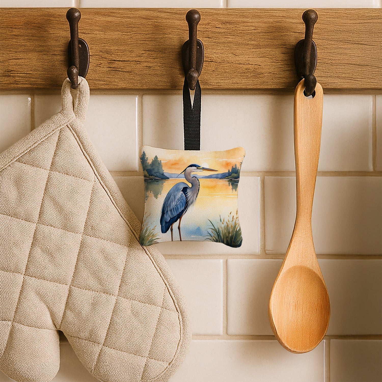 Great Blue Heron Wings Spread Moonlight Watercolor Hanging Square Fabric Ornament 3.5 × 3.5 Decorative Door-Knob & Tree Hanger, Soft Fabric
