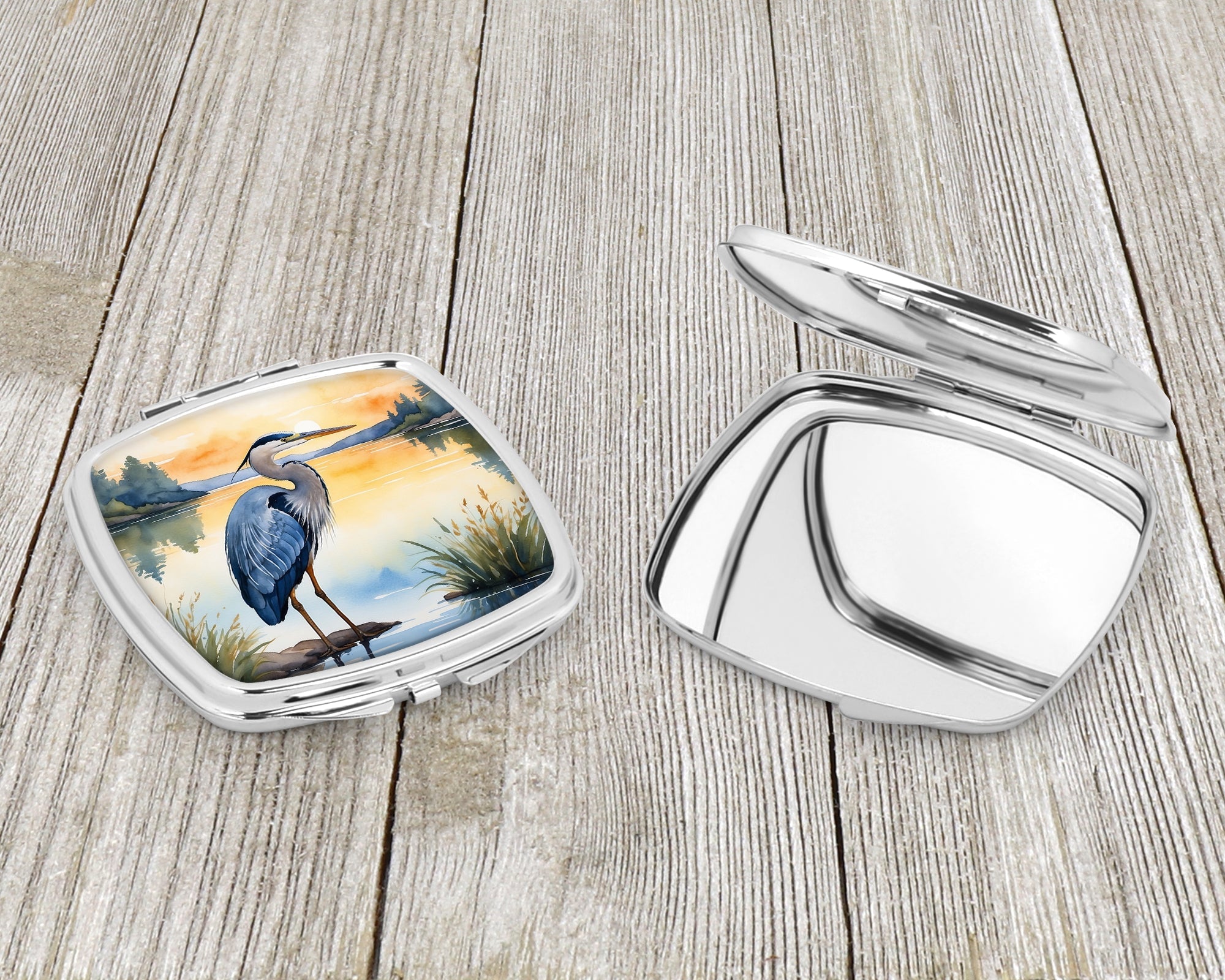 Great Blue Heron Wings Spread Moonlight Watercolor Compact Mirror Decorative Travel Makeup Mirror for Women Girls Gifts Pocket Makeup Mirror Folding Handheld