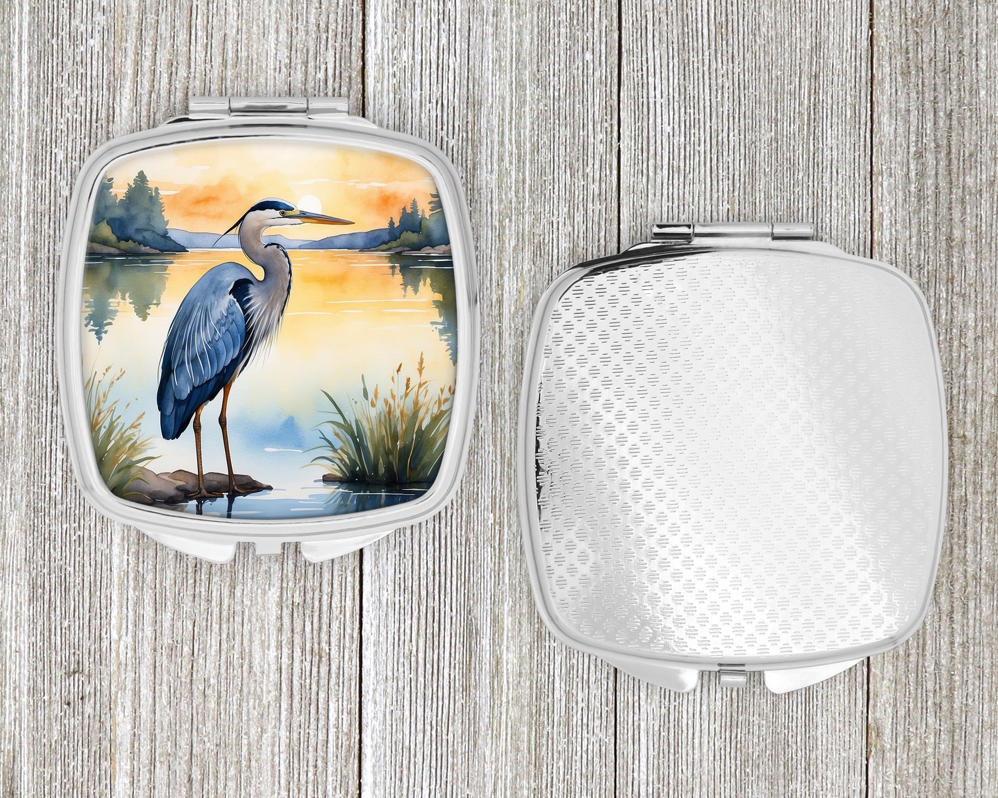Great Blue Heron Wings Spread Moonlight Watercolor Compact Mirror Decorative Travel Makeup Mirror for Women Girls Gifts Pocket Makeup Mirror Folding Handheld