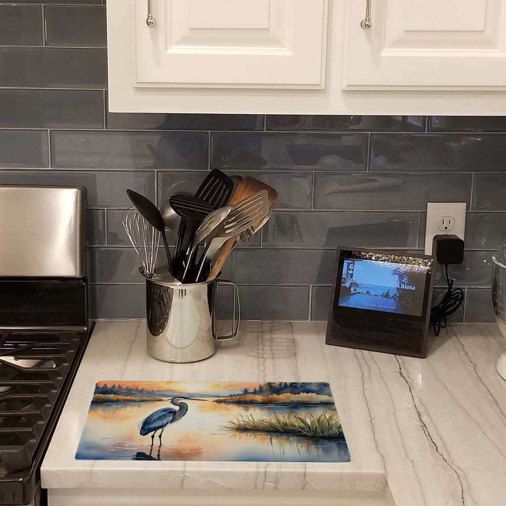 Great Blue Heron Calm Water Reflection Watercolor Cutting Board Tempered Glass Kitchen Cutting Surface, Heat Resistant Chopping, Non-Slip Feet, Food Prep & Serving
