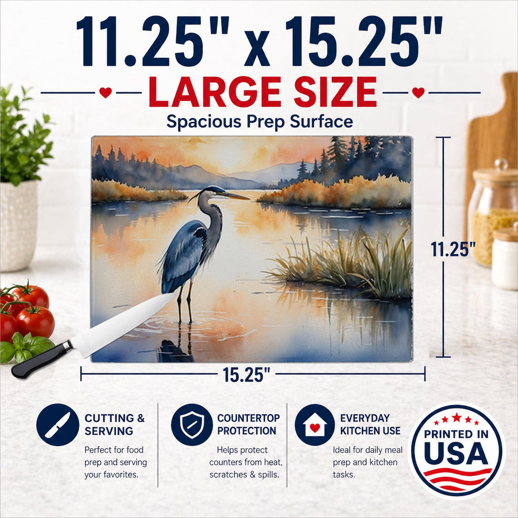Great Blue Heron Calm Water Reflection Watercolor Cutting Board Tempered Glass Kitchen Cutting Surface, Heat Resistant Chopping, Non-Slip Feet, Food Prep & Serving
