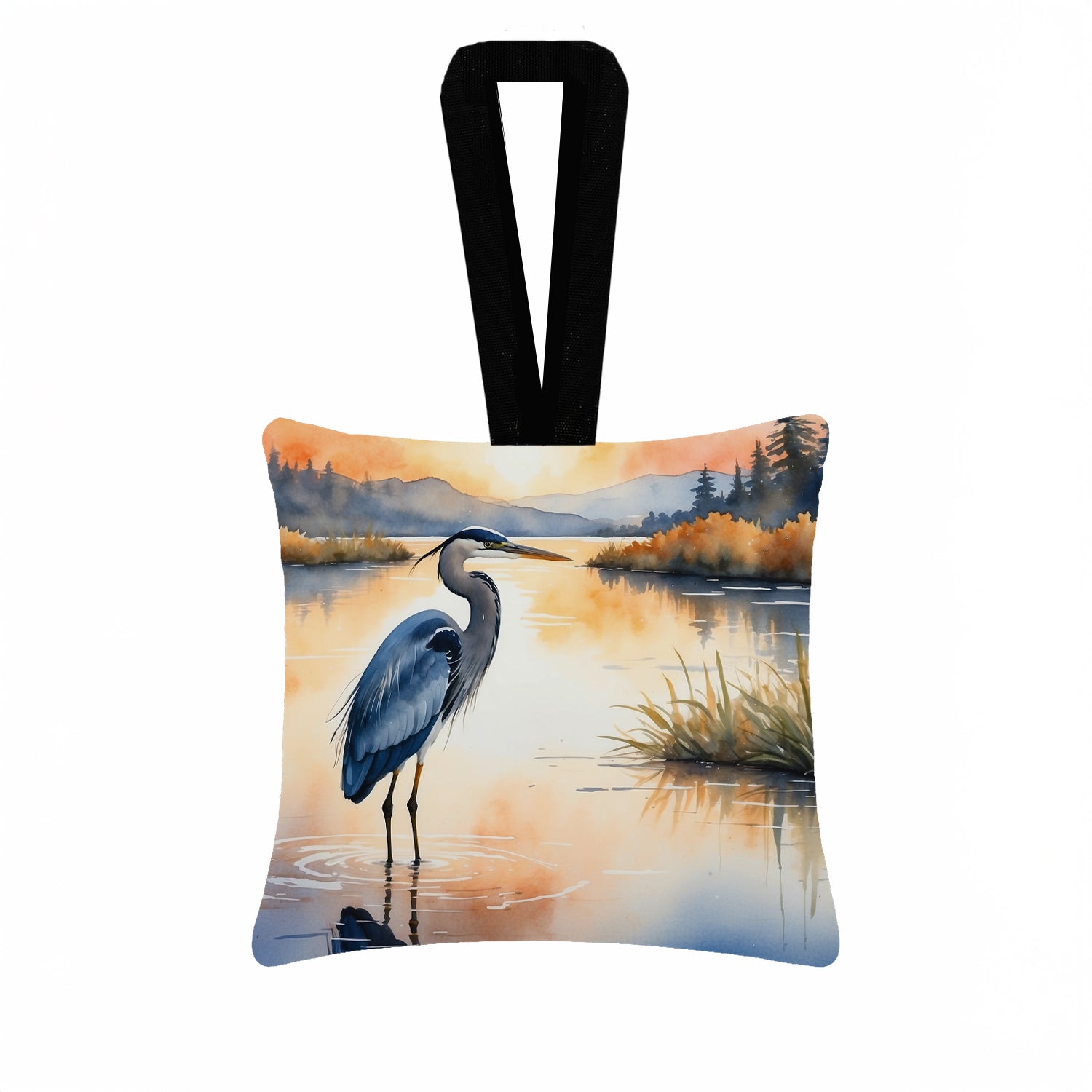 Great Blue Heron Calm Water Reflection Watercolor Hanging Square Fabric Ornament 3.5 × 3.5 Decorative Door-Knob & Tree Hanger, Soft Fabric