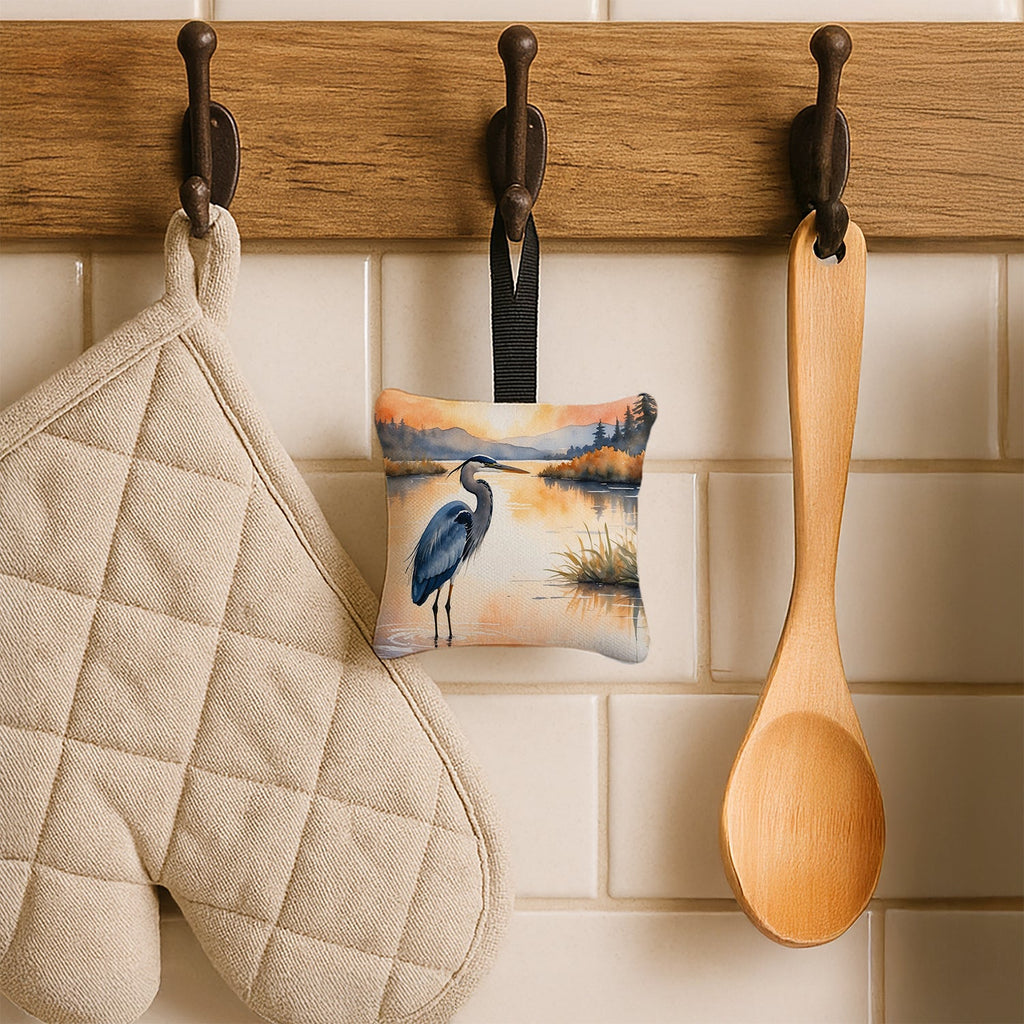 Great Blue Heron Calm Water Reflection Watercolor Hanging Square Fabric Ornament 3.5 × 3.5 Decorative Door-Knob & Tree Hanger, Soft Fabric