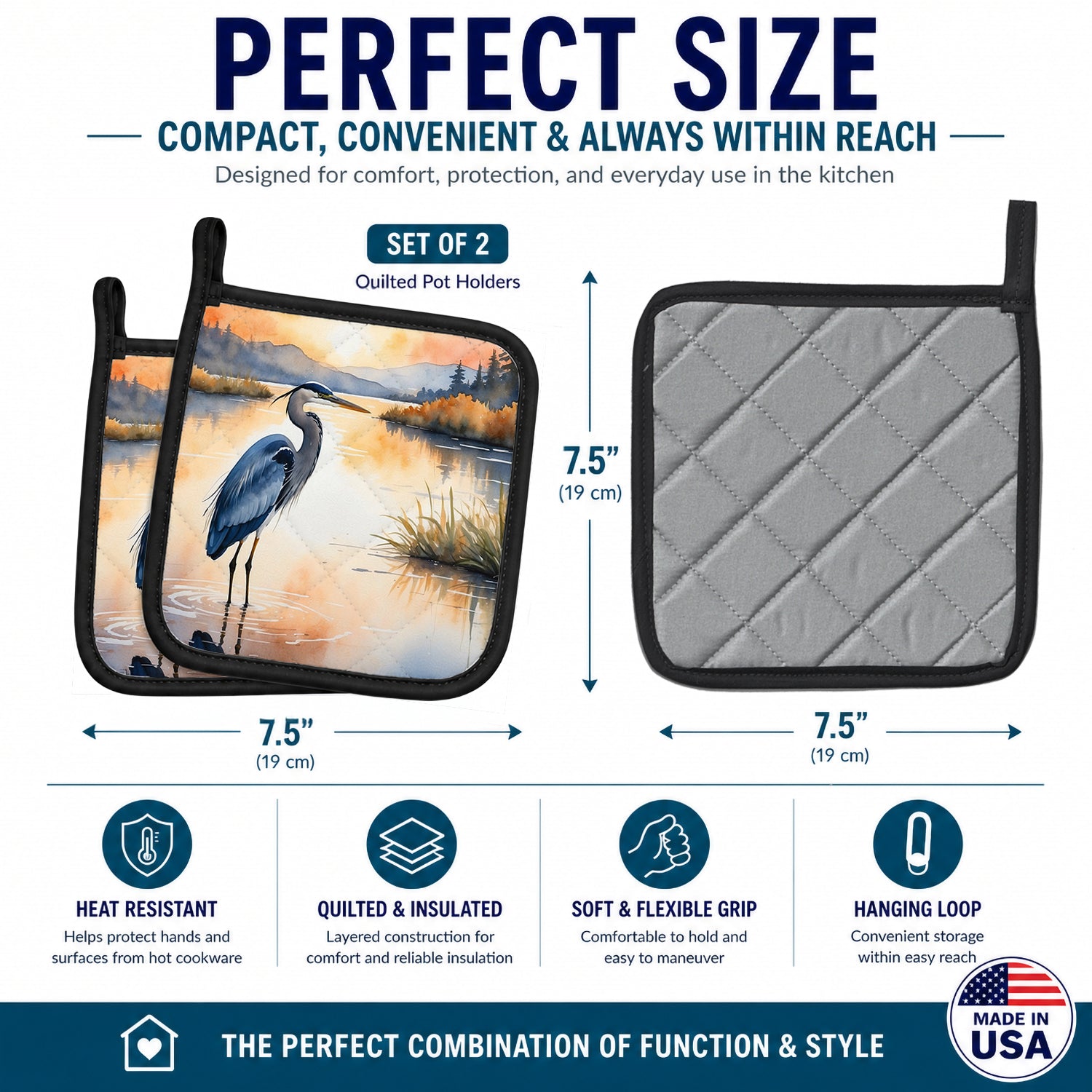 Great Blue Heron Calm Water Reflection Watercolor Pot Holder Set of 2 Heat Resistant Quilted Hot Pads 7.5 x 7.5 Inch, Insulated Kitchen Trivets for Cooking & Baking