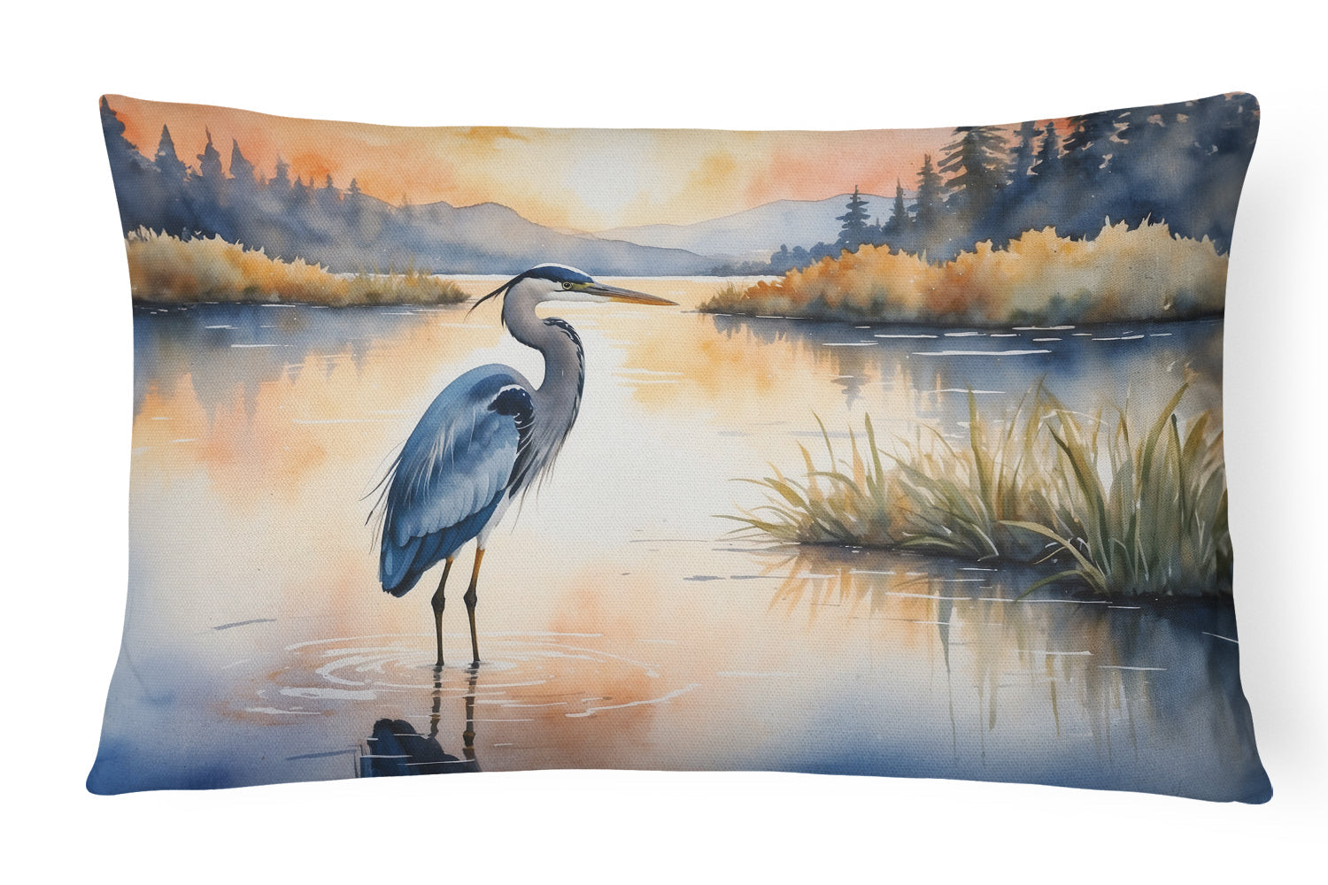 Great Blue Heron Calm Water Reflection Watercolor Decorative Throw Pillow 12x16 Indoor Outdoor Accent Cushion, Fabric Cover with Insert for Sofa, Bed, Porch & Living Room