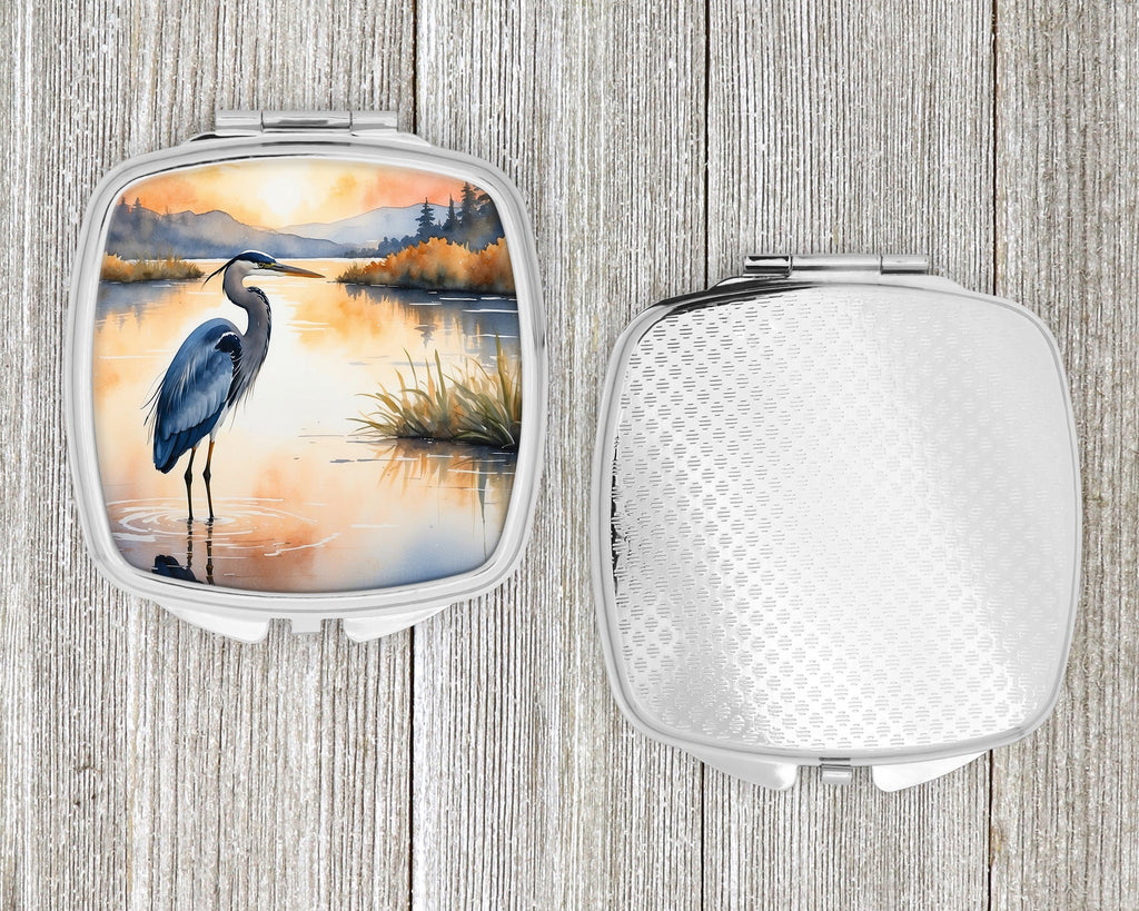 Great Blue Heron Calm Water Reflection Watercolor Compact Mirror Decorative Travel Makeup Mirror for Women Girls Gifts Pocket Makeup Mirror Folding Handheld
