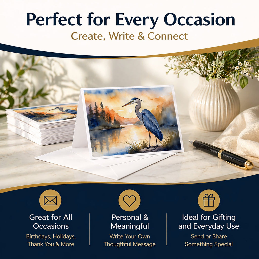Great Blue Heron Sunset Landscape Watercolor Greeting Cards Pack of 8 Blank Cards with Envelopes Whimsical A7 Size 5x7