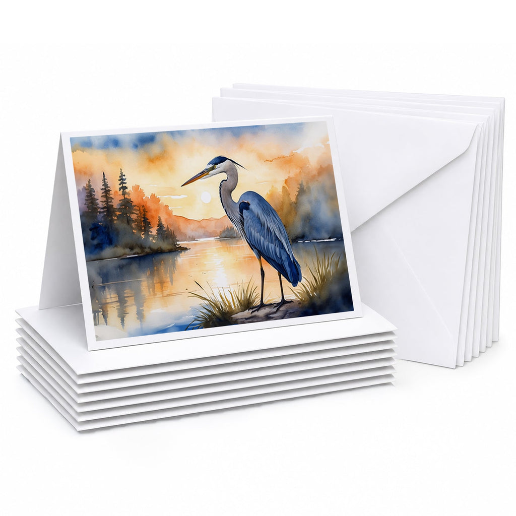 Great Blue Heron Sunset Landscape Watercolor Greeting Cards Pack of 8 Blank Cards with Envelopes Whimsical A7 Size 5x7