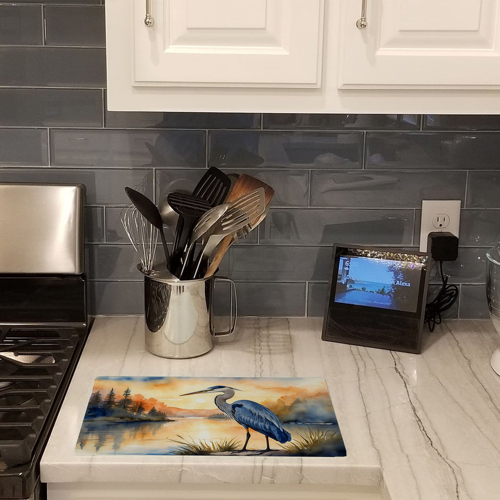 Great Blue Heron Sunset Landscape Watercolor Cutting Board Tempered Glass Kitchen Cutting Surface, Heat Resistant Chopping, Non-Slip Feet, Food Prep & Serving