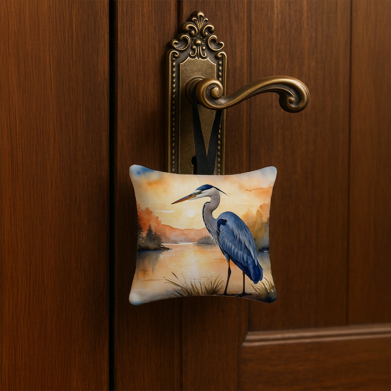 Great Blue Heron Sunset Landscape Watercolor Hanging Square Fabric Ornament 3.5 × 3.5 Decorative Door-Knob & Tree Hanger, Soft Fabric
