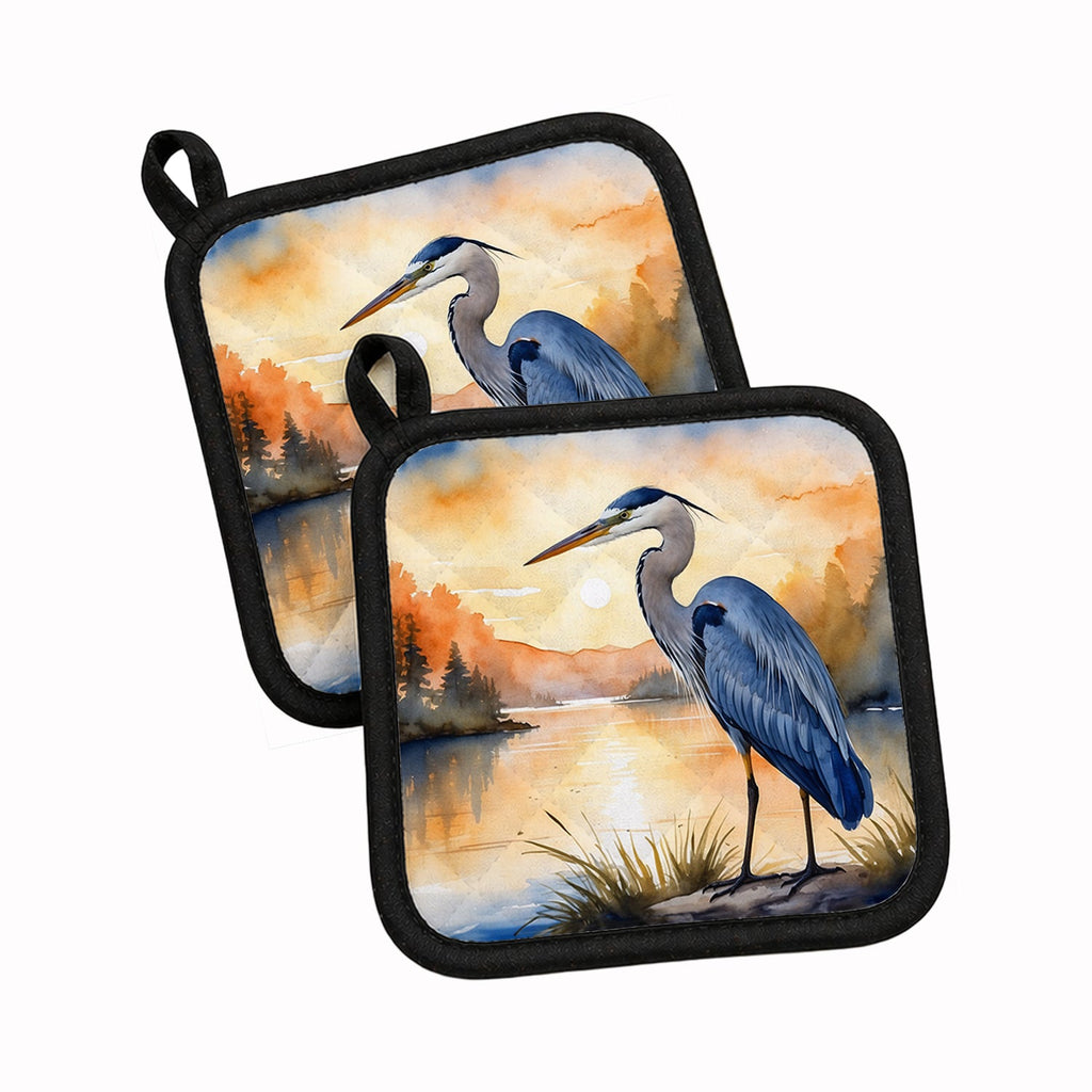 Great Blue Heron Sunset Landscape Watercolor Pot Holder Set of 2 Heat Resistant Quilted Hot Pads 7.5 x 7.5 Inch, Insulated Kitchen Trivets for Cooking & Baking
