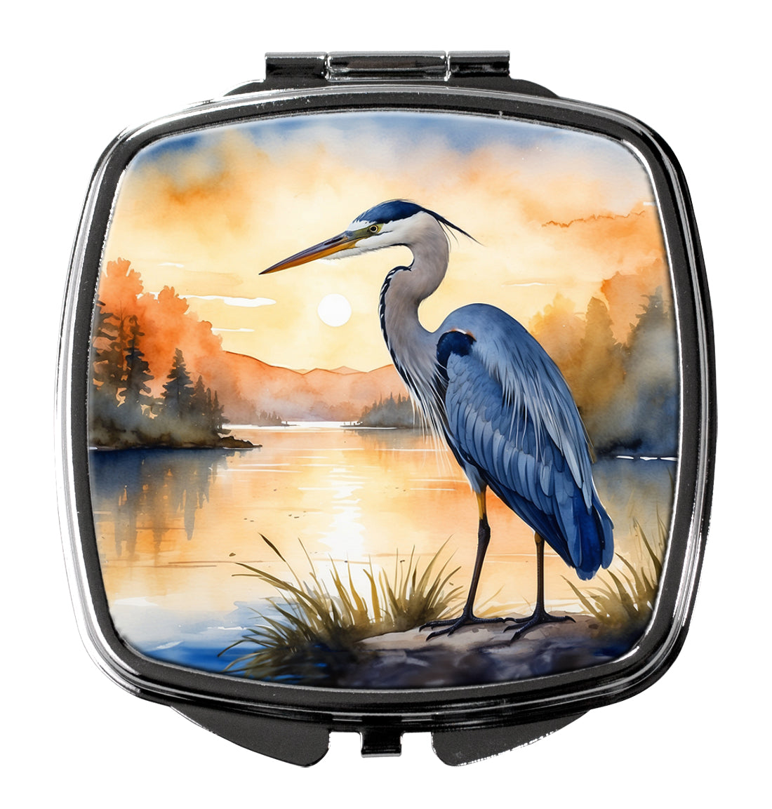 Great Blue Heron Sunset Landscape Watercolor Compact Mirror Decorative Travel Makeup Mirror for Women Girls Gifts Pocket Makeup Mirror Folding Handheld