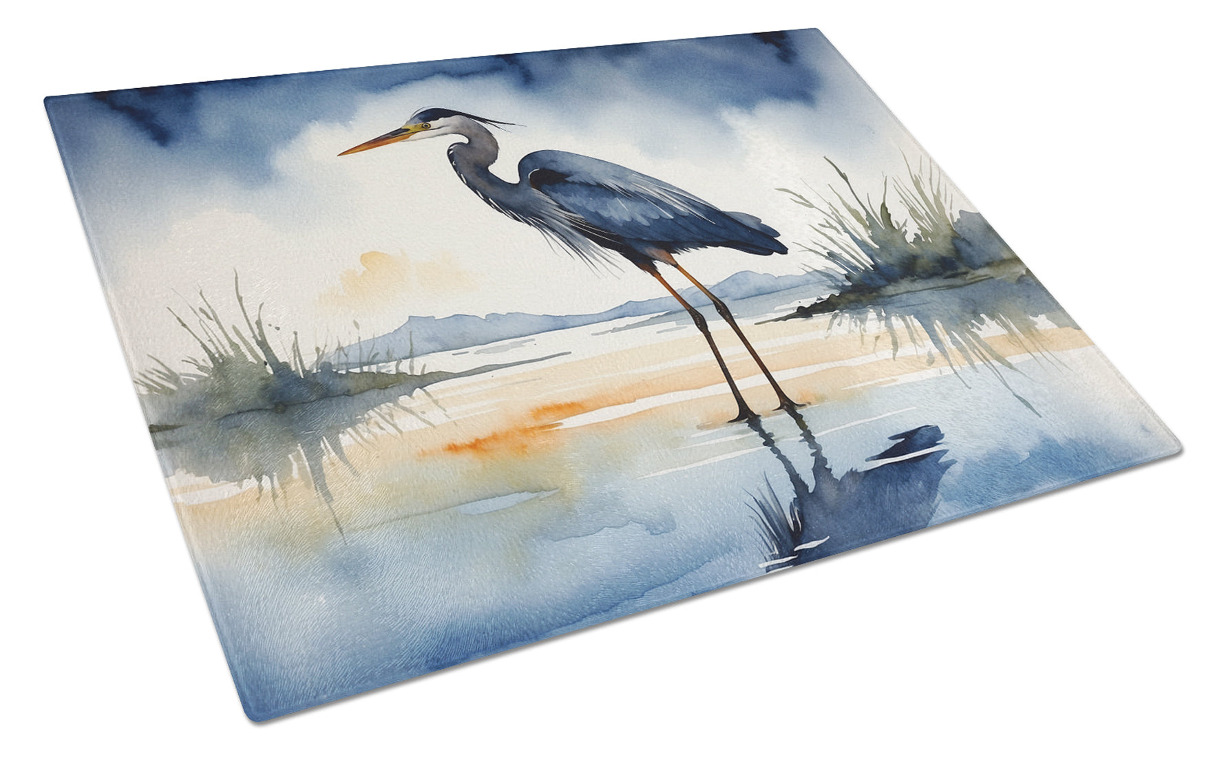 Great Blue Heron Shoreline Watercolor Cutting Board Tempered Glass Kitchen Cutting Surface, Heat Resistant Chopping, Non-Slip Feet, Food Prep & Serving