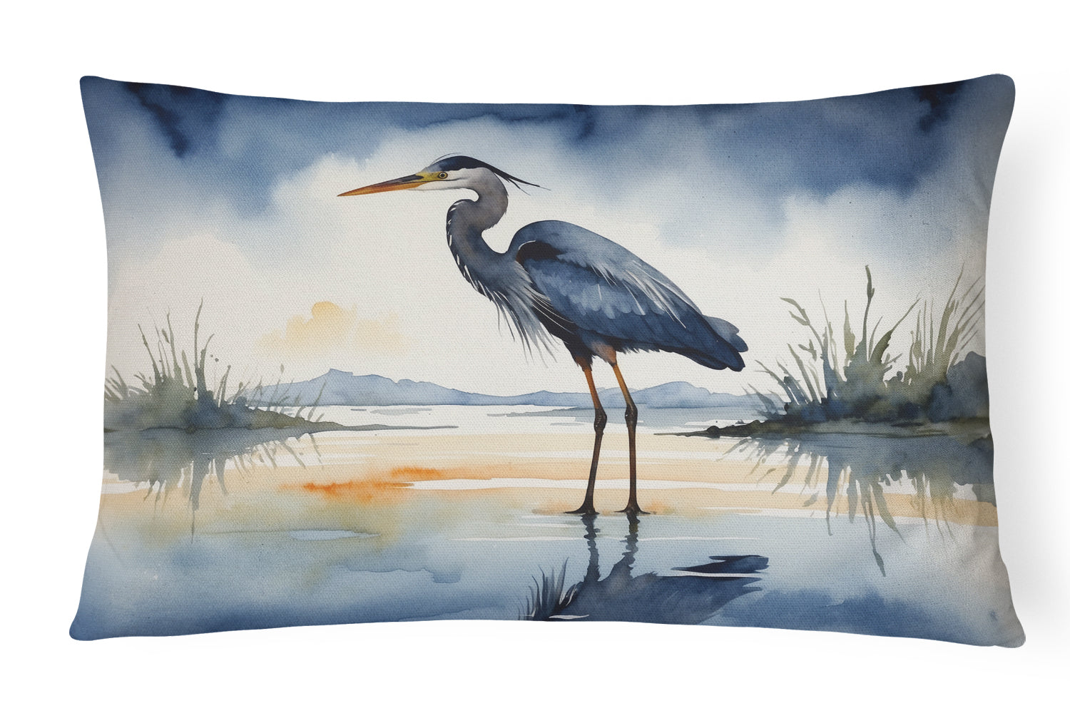 Great Blue Heron Shoreline Watercolor Decorative Throw Pillow 12x16 Indoor Outdoor Accent Cushion, Fabric Cover with Insert for Sofa, Bed, Porch & Living Room