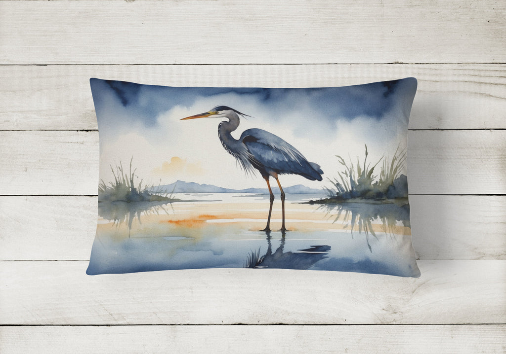 Great Blue Heron Shoreline Watercolor Decorative Throw Pillow 12x16 Indoor Outdoor Accent Cushion, Fabric Cover with Insert for Sofa, Bed, Porch & Living Room