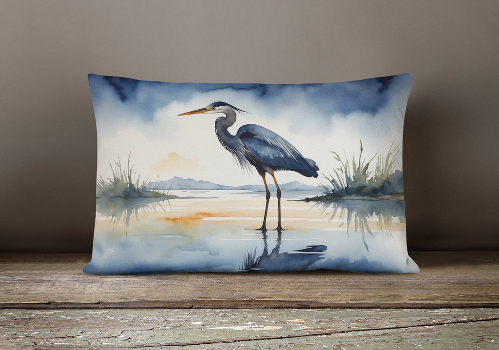 Great Blue Heron Shoreline Watercolor Decorative Throw Pillow 12x16 Indoor Outdoor Accent Cushion, Fabric Cover with Insert for Sofa, Bed, Porch & Living Room