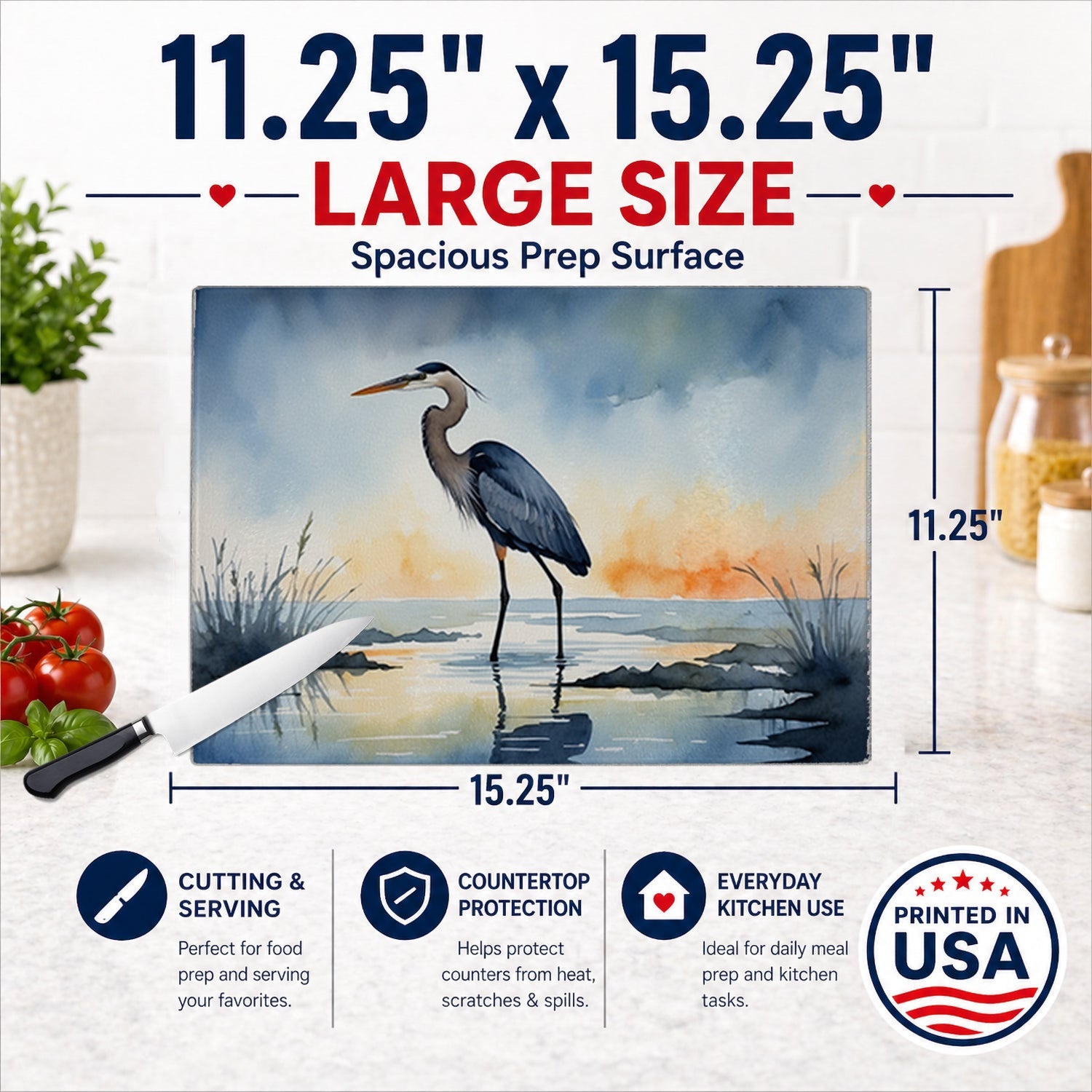Great Blue Heron Minimal Marsh Watercolor Cutting Board Tempered Glass Kitchen Cutting Surface, Heat Resistant Chopping, Non-Slip Feet, Food Prep & Serving