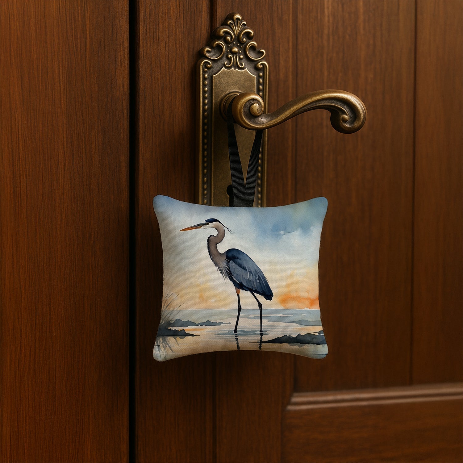 Great Blue Heron Minimal Marsh Watercolor Hanging Square Fabric Ornament 3.5 × 3.5 Decorative Door-Knob & Tree Hanger, Soft Fabric