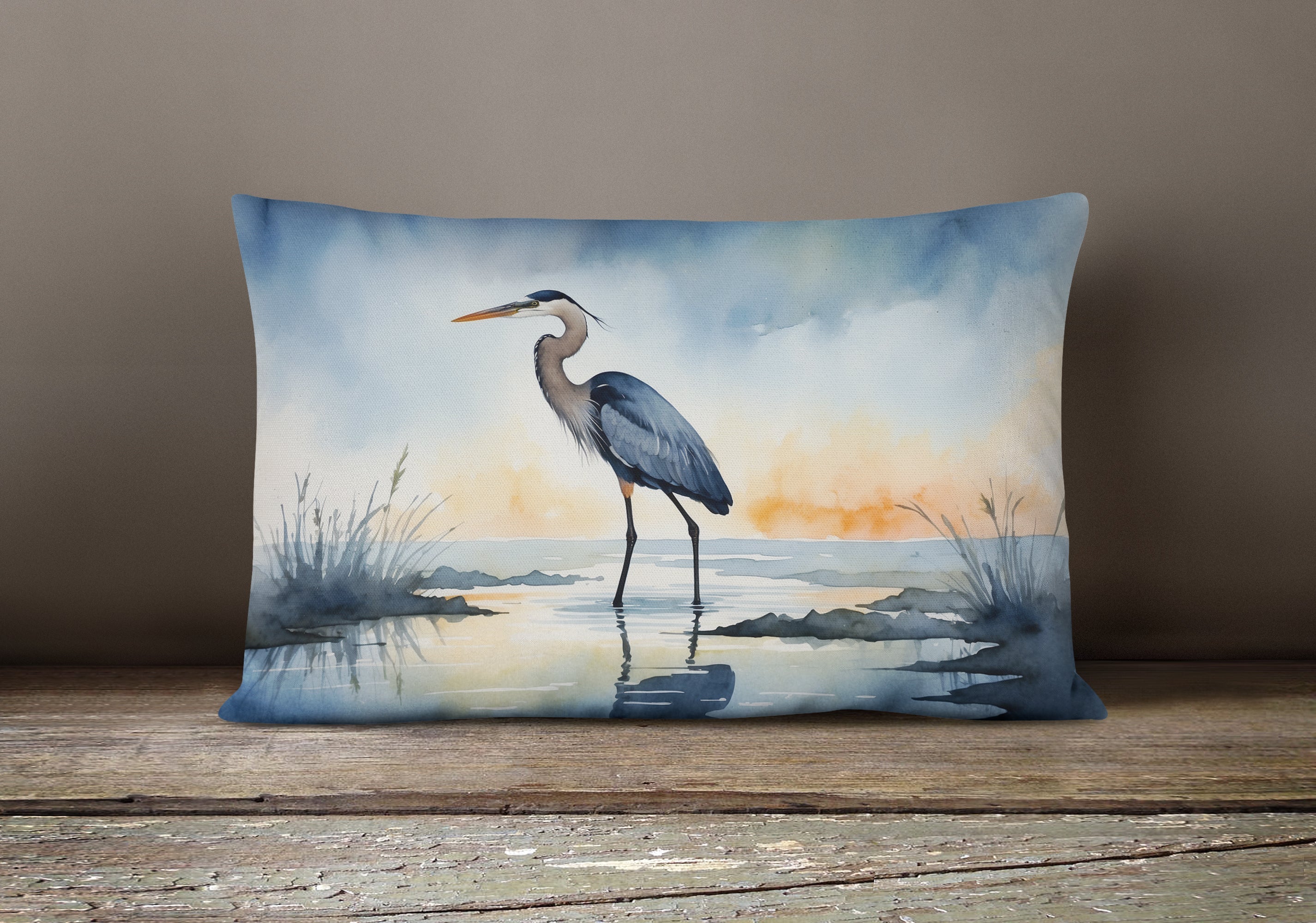 Great Blue Heron Minimal Marsh Watercolor Decorative Throw Pillow 12x16 Indoor Outdoor Accent Cushion, Fabric Cover with Insert for Sofa, Bed, Porch & Living Room