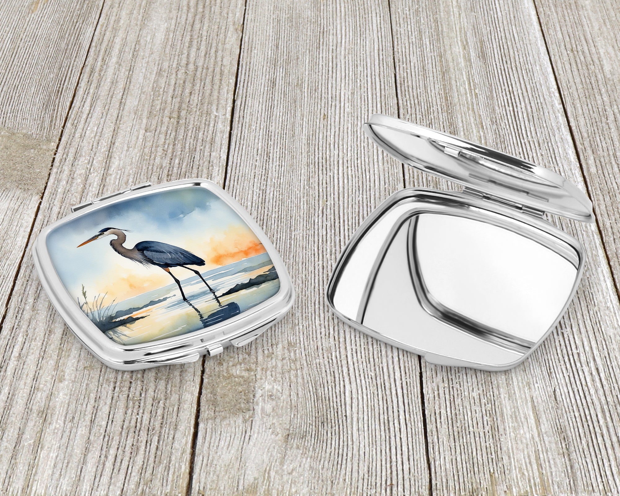 Great Blue Heron Minimal Marsh Watercolor Compact Mirror Decorative Travel Makeup Mirror for Women Girls Gifts Pocket Makeup Mirror Folding Handheld