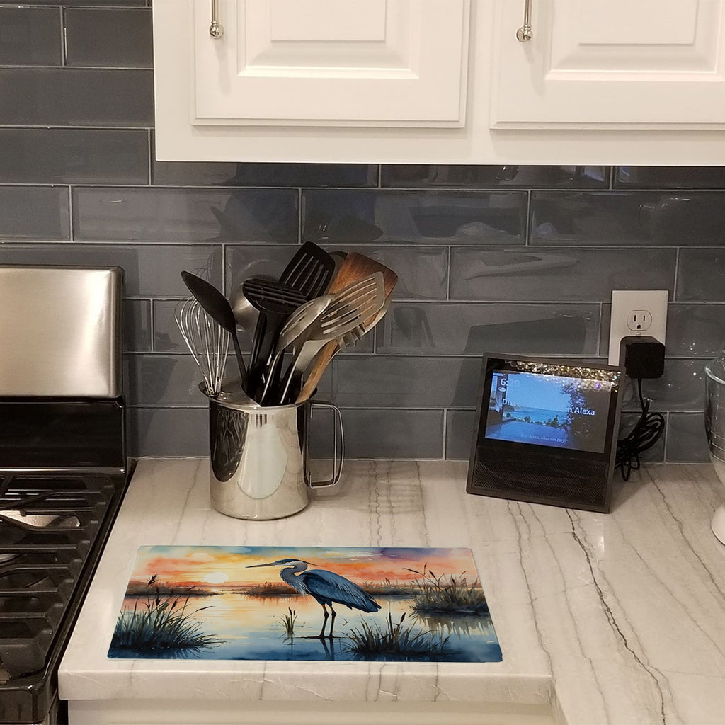 Great Blue Heron Sunset Marsh Watercolor Cutting Board Tempered Glass Kitchen Cutting Surface, Heat Resistant Chopping, Non-Slip Feet, Food Prep & Serving