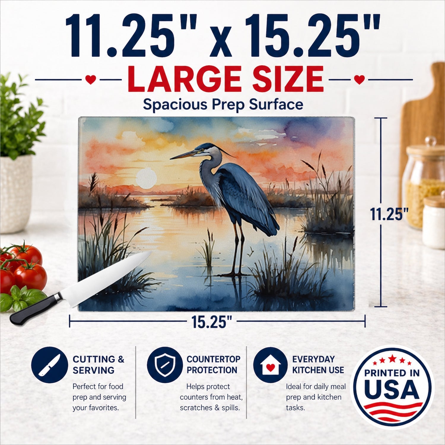 Great Blue Heron Sunset Marsh Watercolor Cutting Board Tempered Glass Kitchen Cutting Surface, Heat Resistant Chopping, Non-Slip Feet, Food Prep & Serving